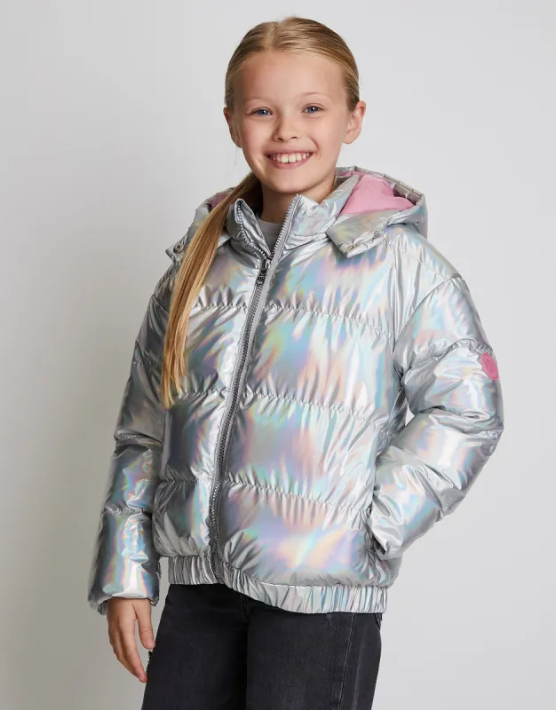 Girls' Silver Metallic Puffer Jacket sold by Threadbare