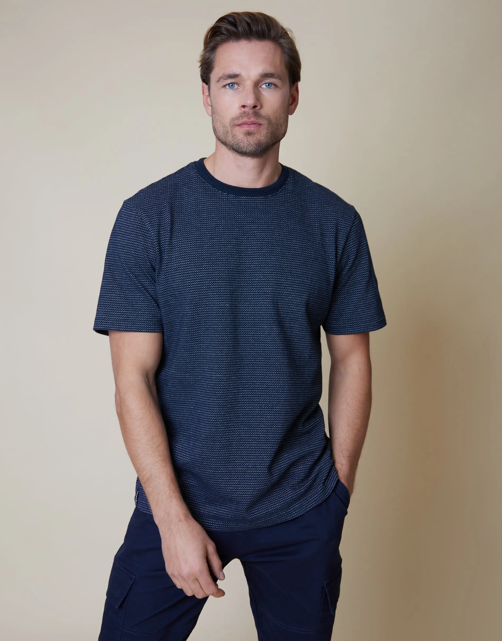Men's Navy Dot Print Short Sleeve T-Shirt sold by Threadbare