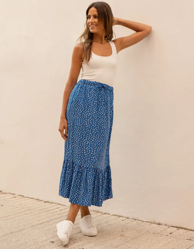 Women's Blue Fleck Print Drawstring Waist Frill Hem Midi Skirt sold by Threadbare