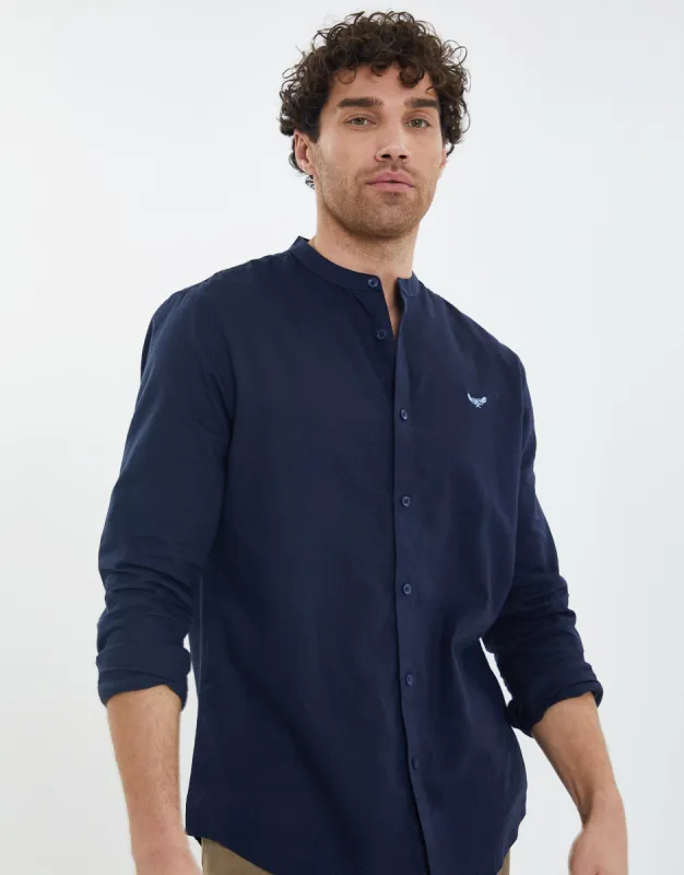Men's Navy Grandad Collar Linen Blend Shirt sold by Threadbare