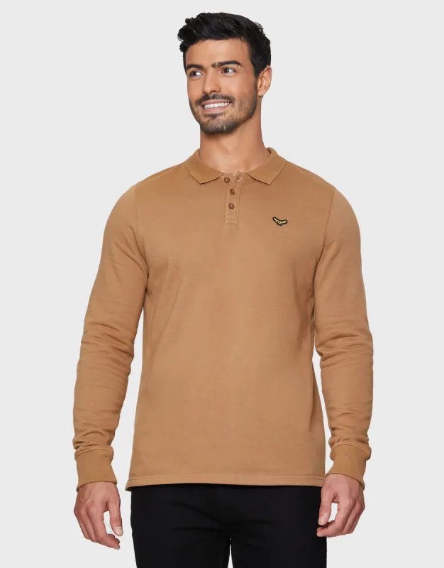 Men's Camel Long Sleeve Fleece Polo Shirt sold by Threadbare