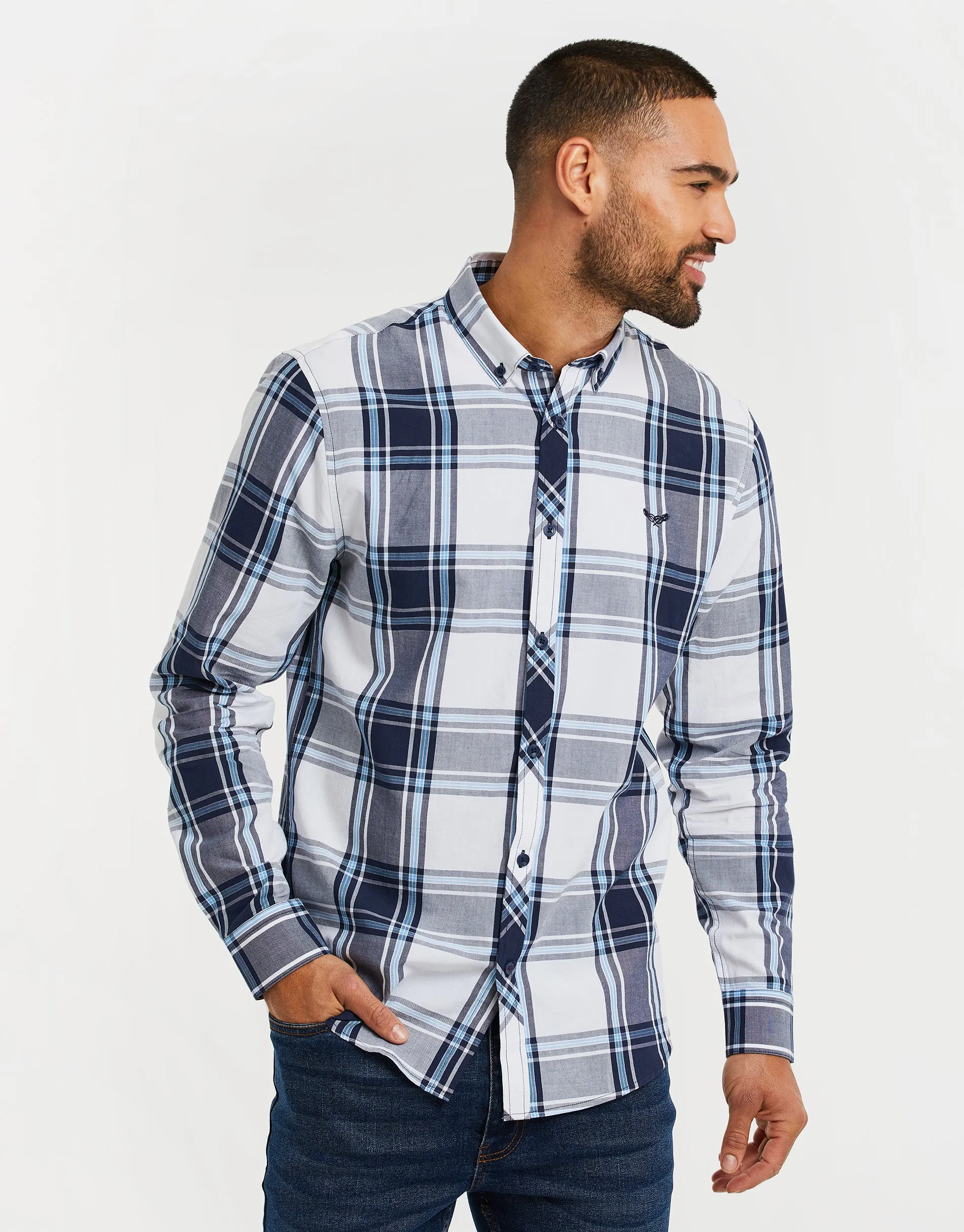 Men's White Check Long Sleeve Shirt sold by Threadbare