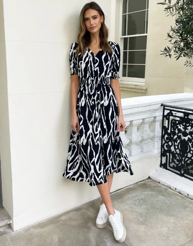 Women's Black Abstract Print Button Down Front Midi Dress sold by Threadbare