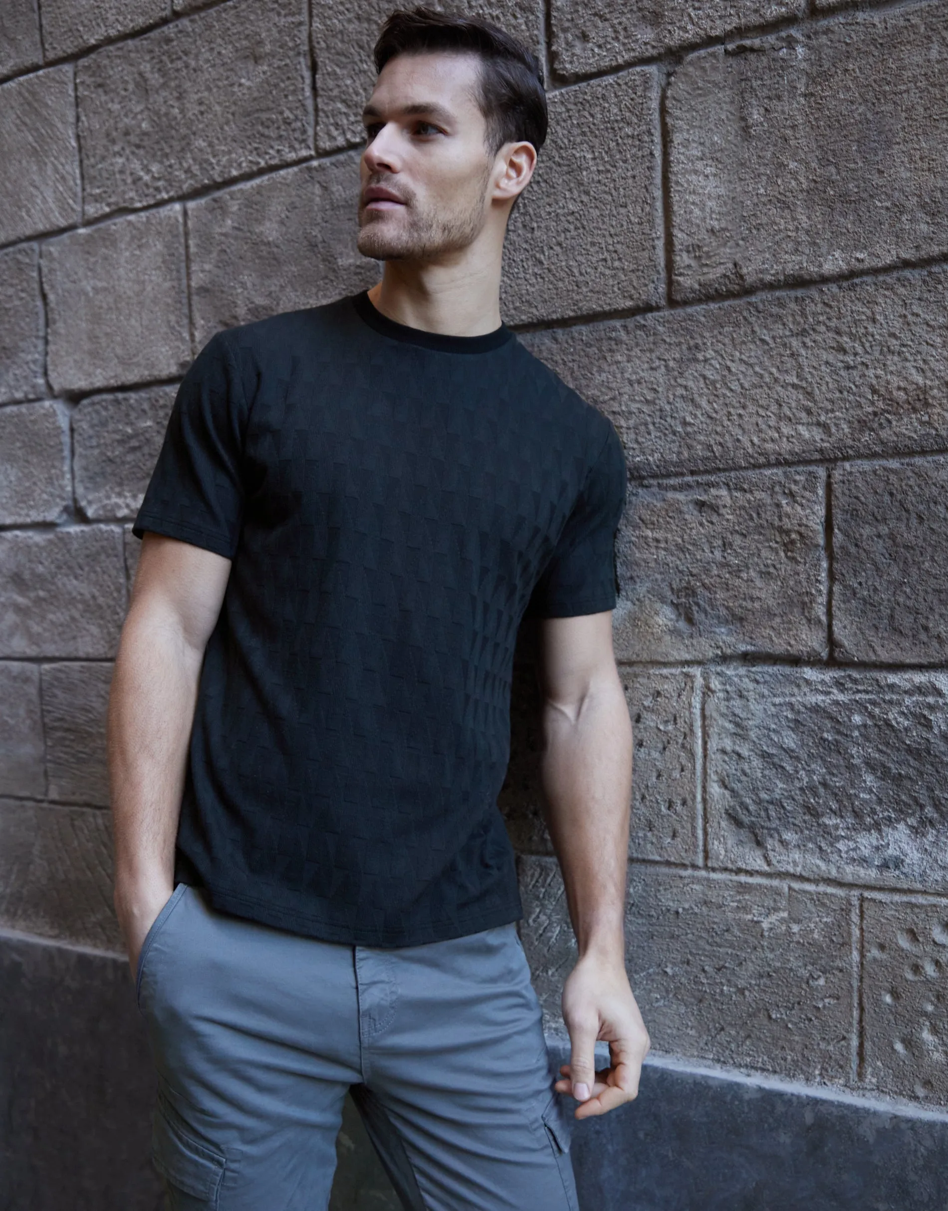 Men's Black Textured Short Sleeve T-Shirt sold by Threadbare