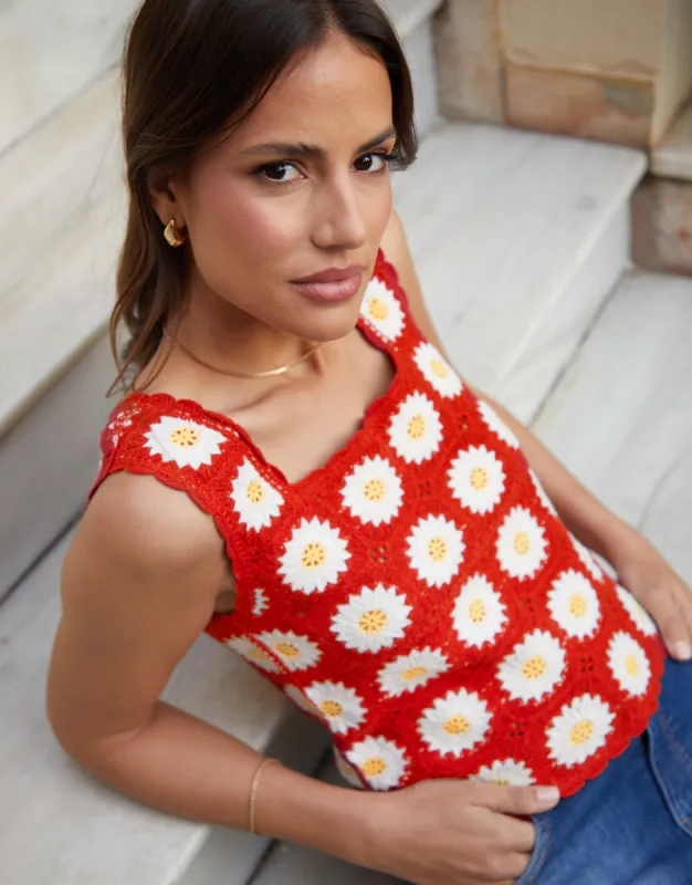 Women's Red Daisy Floral Crochet Knitted Vest sold by Threadbare