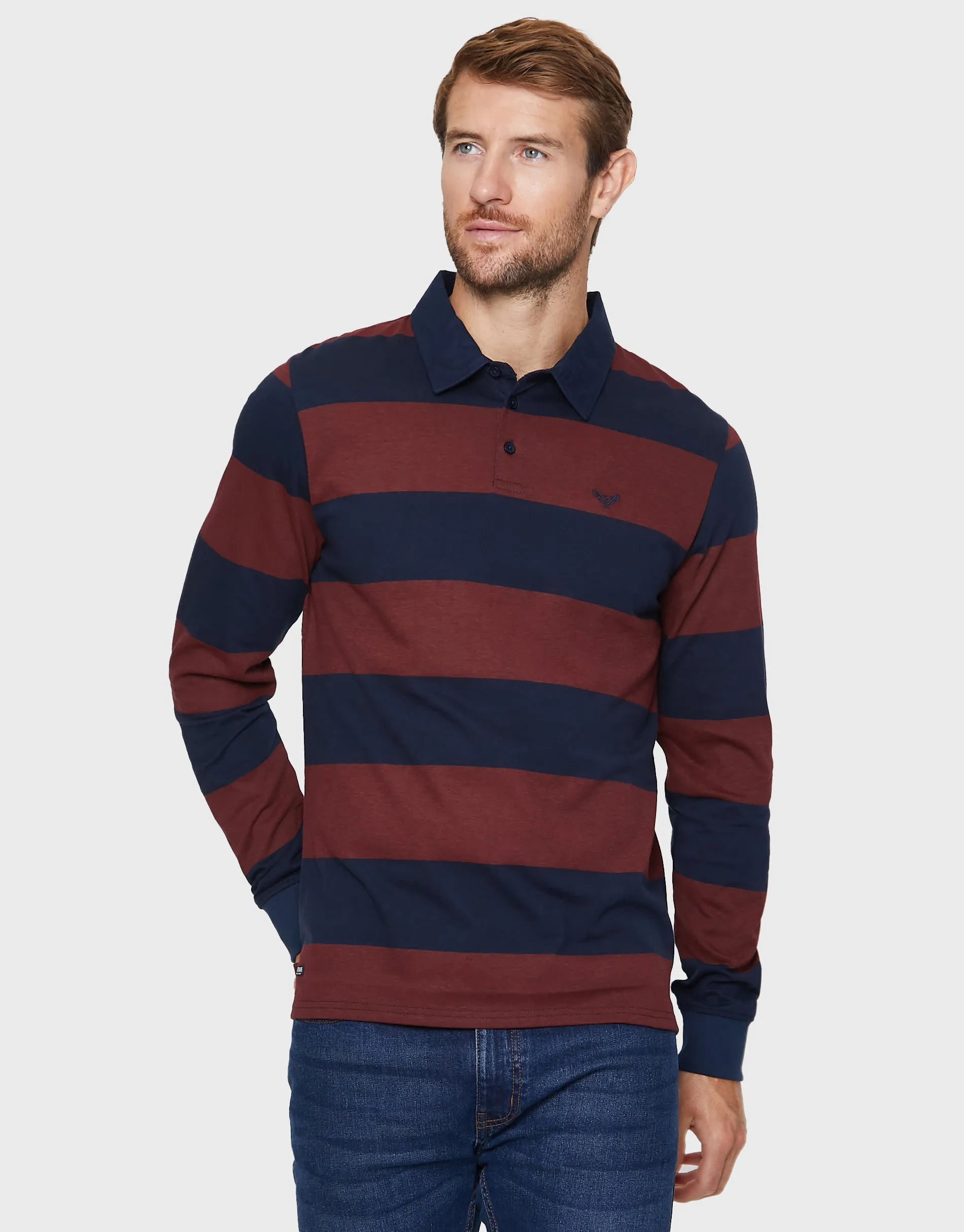 Men's Navy & Burgundy Striped Rugby Shirt sold by Threadbare