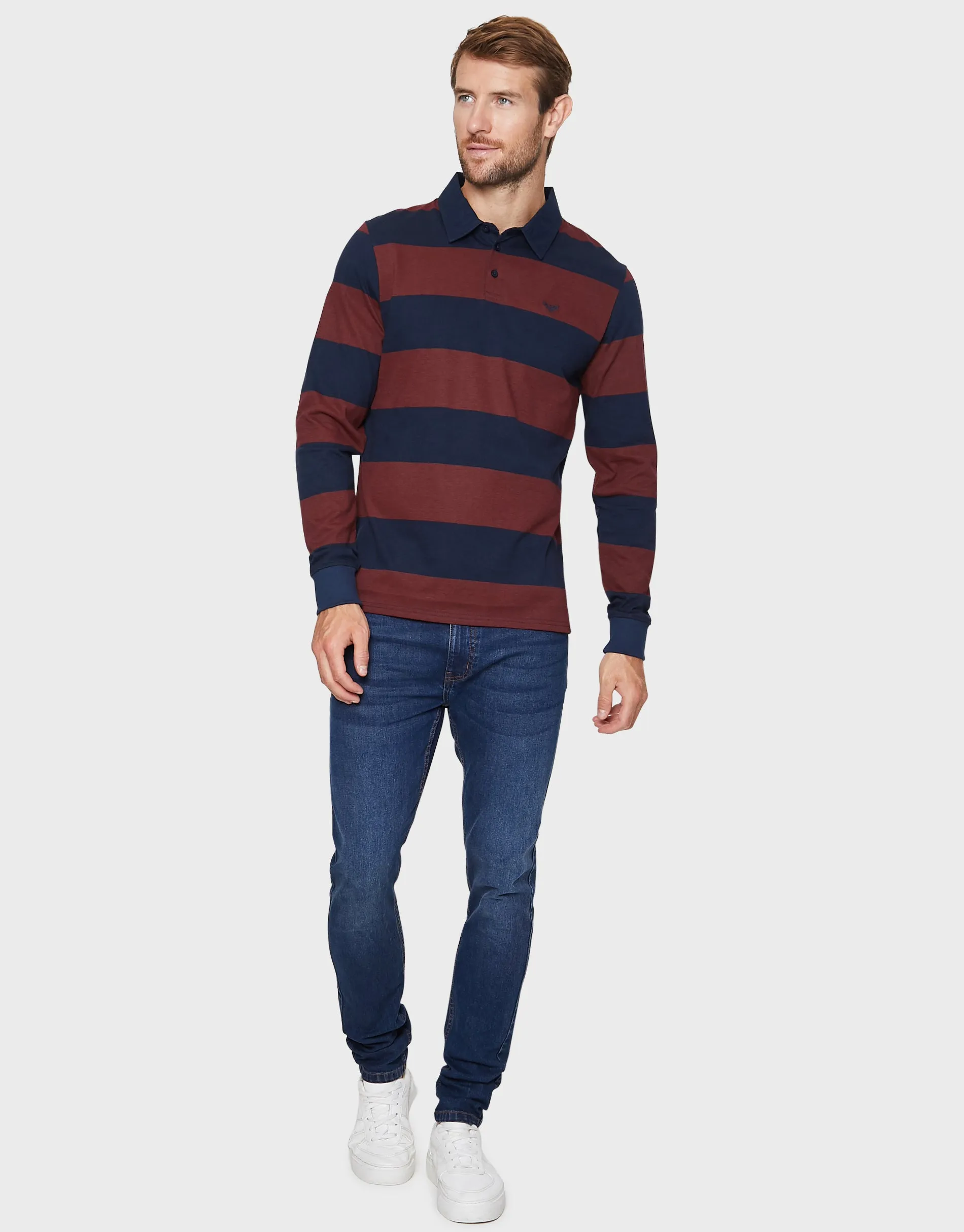 Men's Navy & Burgundy Striped Rugby Shirt sold by Threadbare product image thumbnail 3
