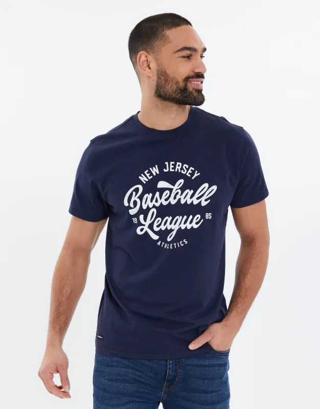Men's Navy Cotton Slub Varsity T-Shirt sold by Threadbare