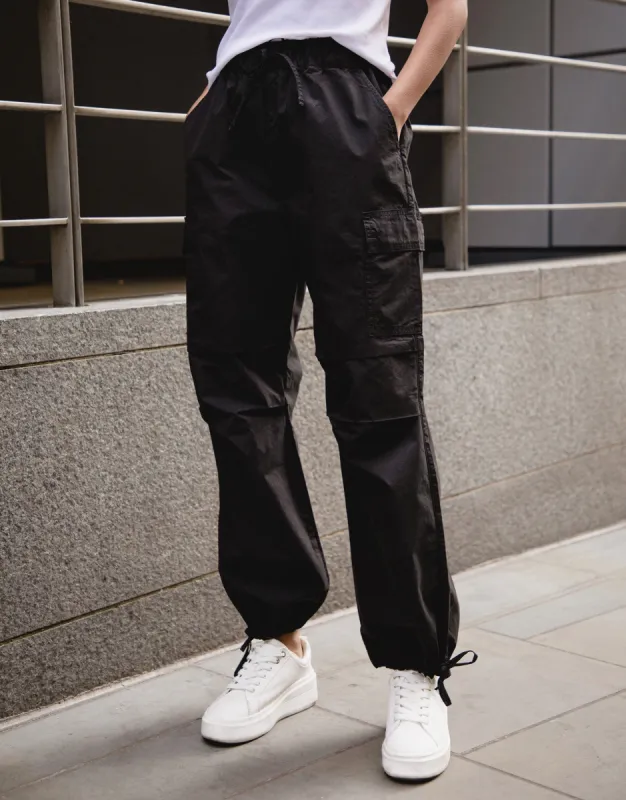 Women's Black Cargo Style Utility Parachute Trousers sold by Threadbare