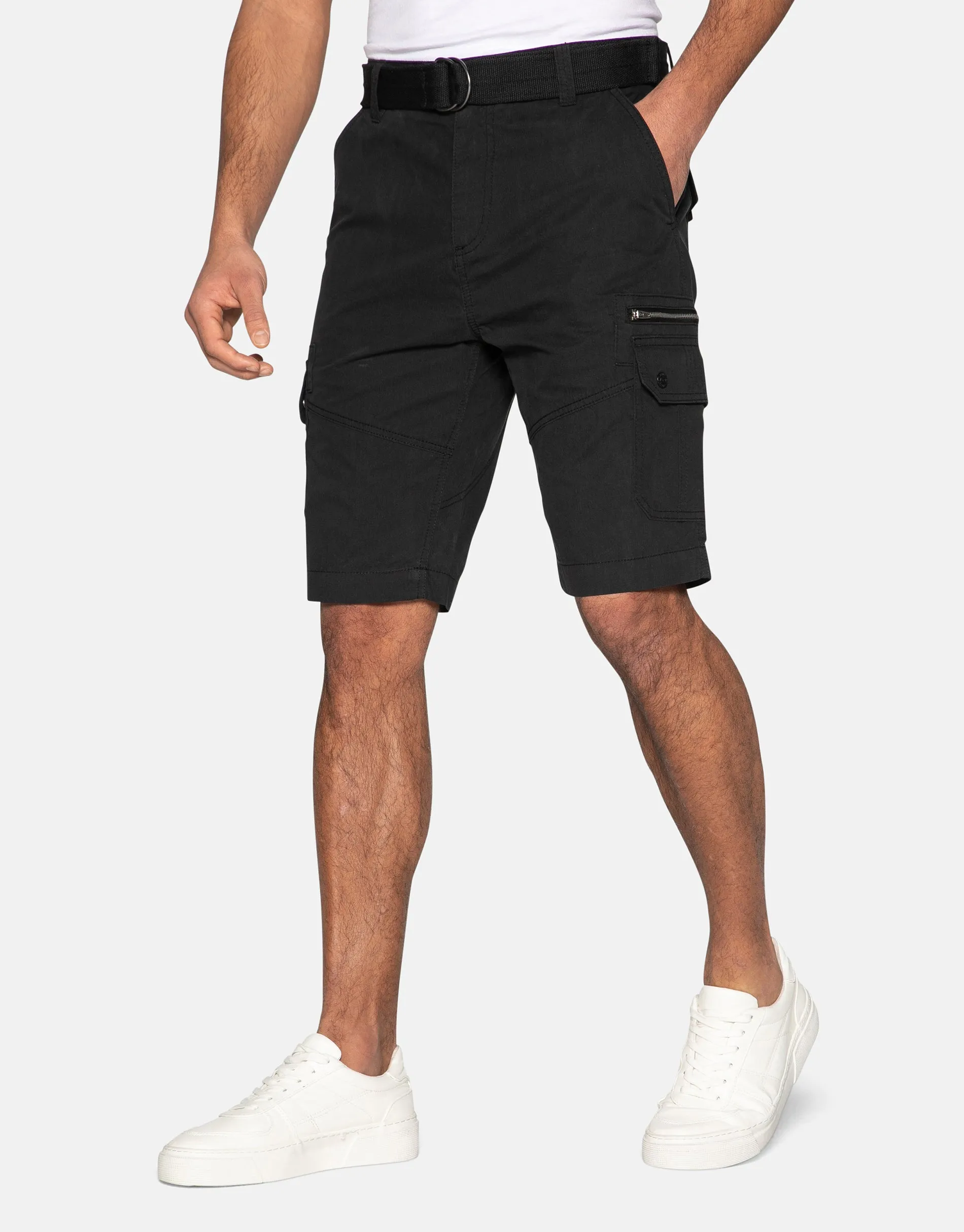 Men's Black Belted Cargo Shorts sold by Threadbare