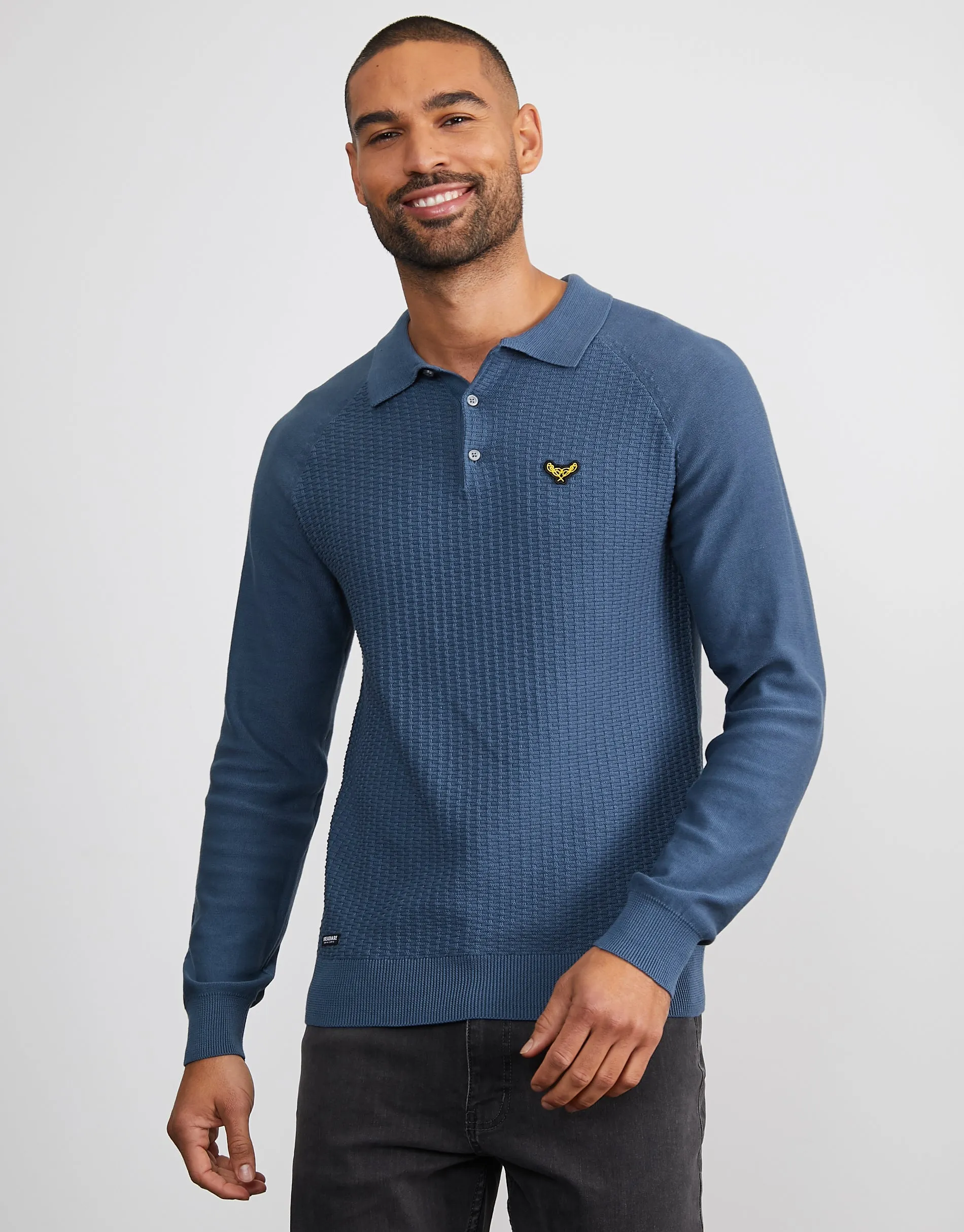 Men's Denim Blue Long Sleeve Polo Jumper sold by Threadbare