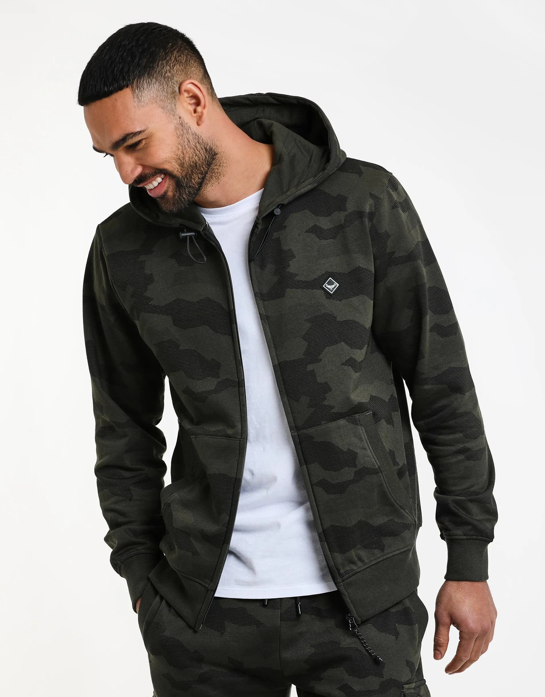 Men's Khaki Camo Zip-Through Hoodie sold by Threadbare