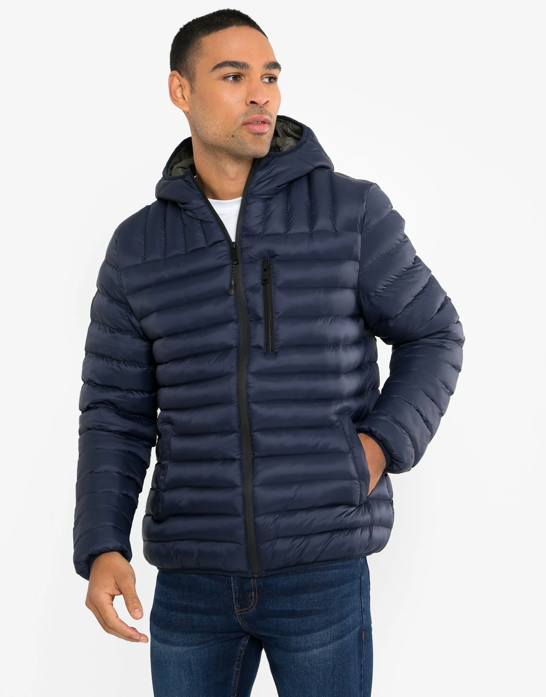 Men's Navy Hooded Puffer Jacket sold by Threadbare