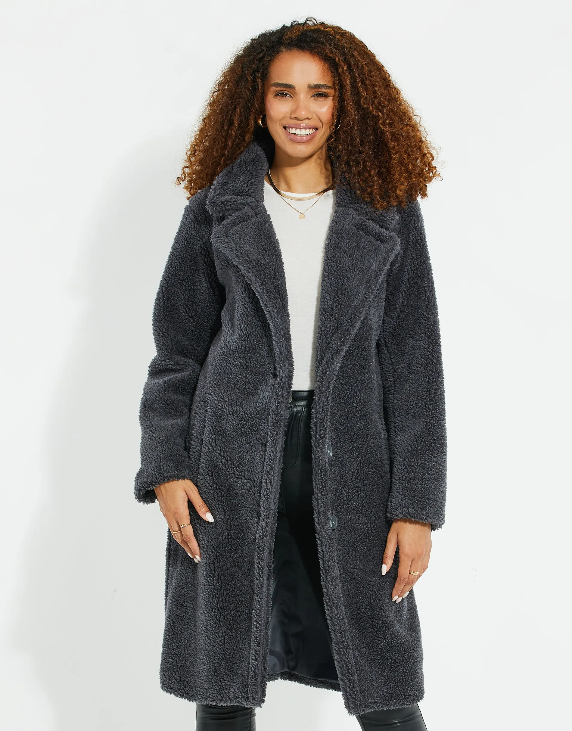 Women's Charcoal Faux Borg Teddy Coat sold by Threadbare product image thumbnail 2