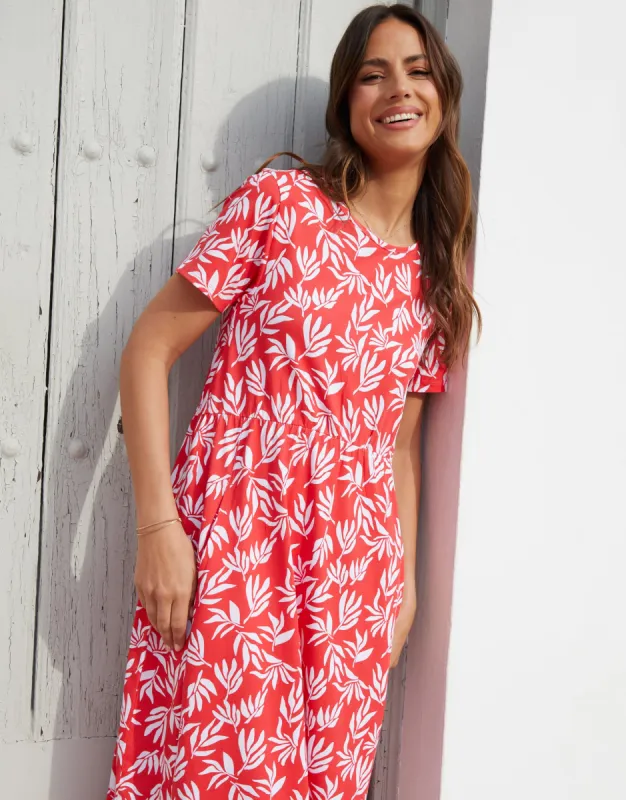Women's Red Leaf Print Jersey Midi Smock Dress with Pockets sold by Threadbare