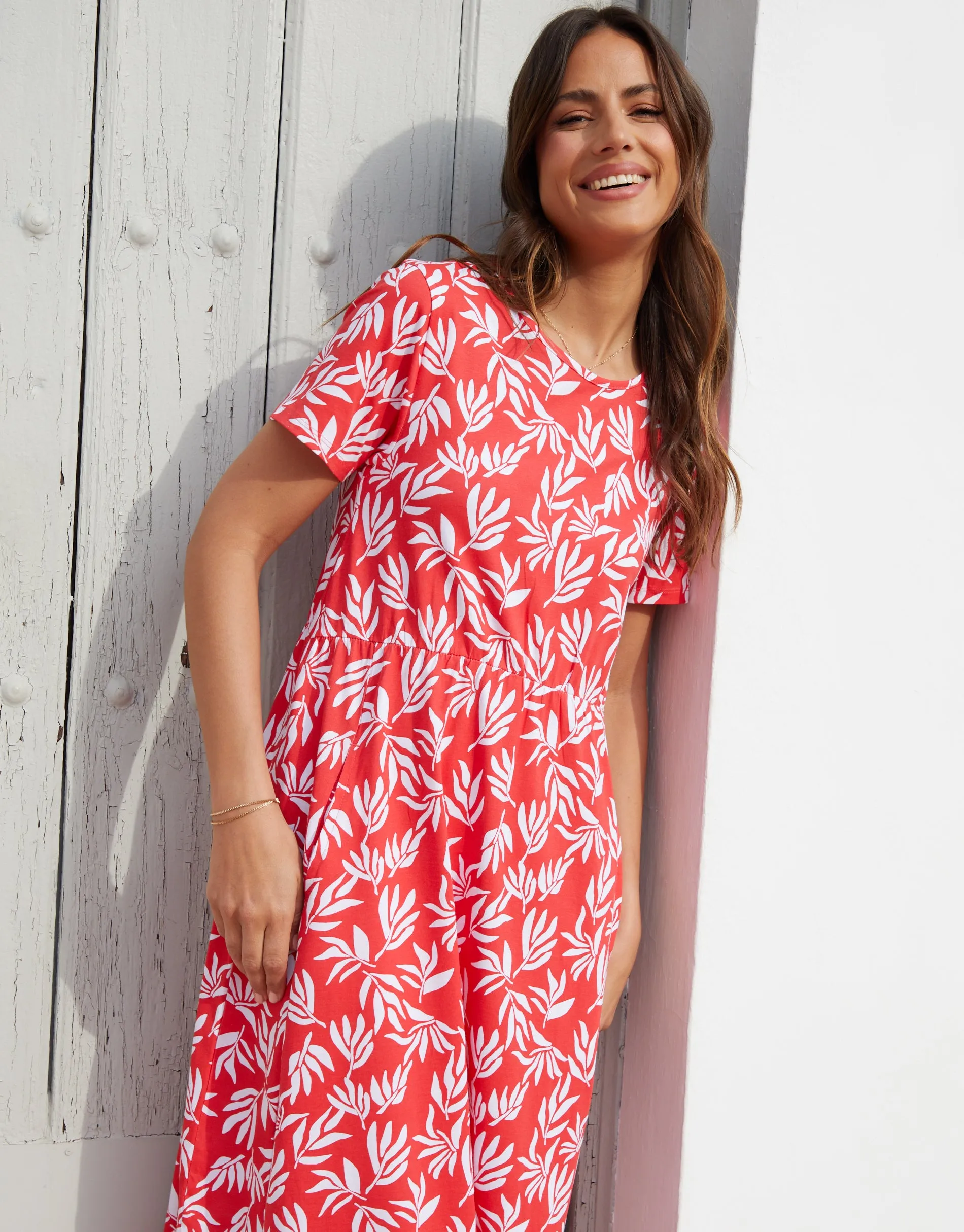 Women's Red Leaf Print Jersey Midi Smock Dress with Pockets sold by Threadbare