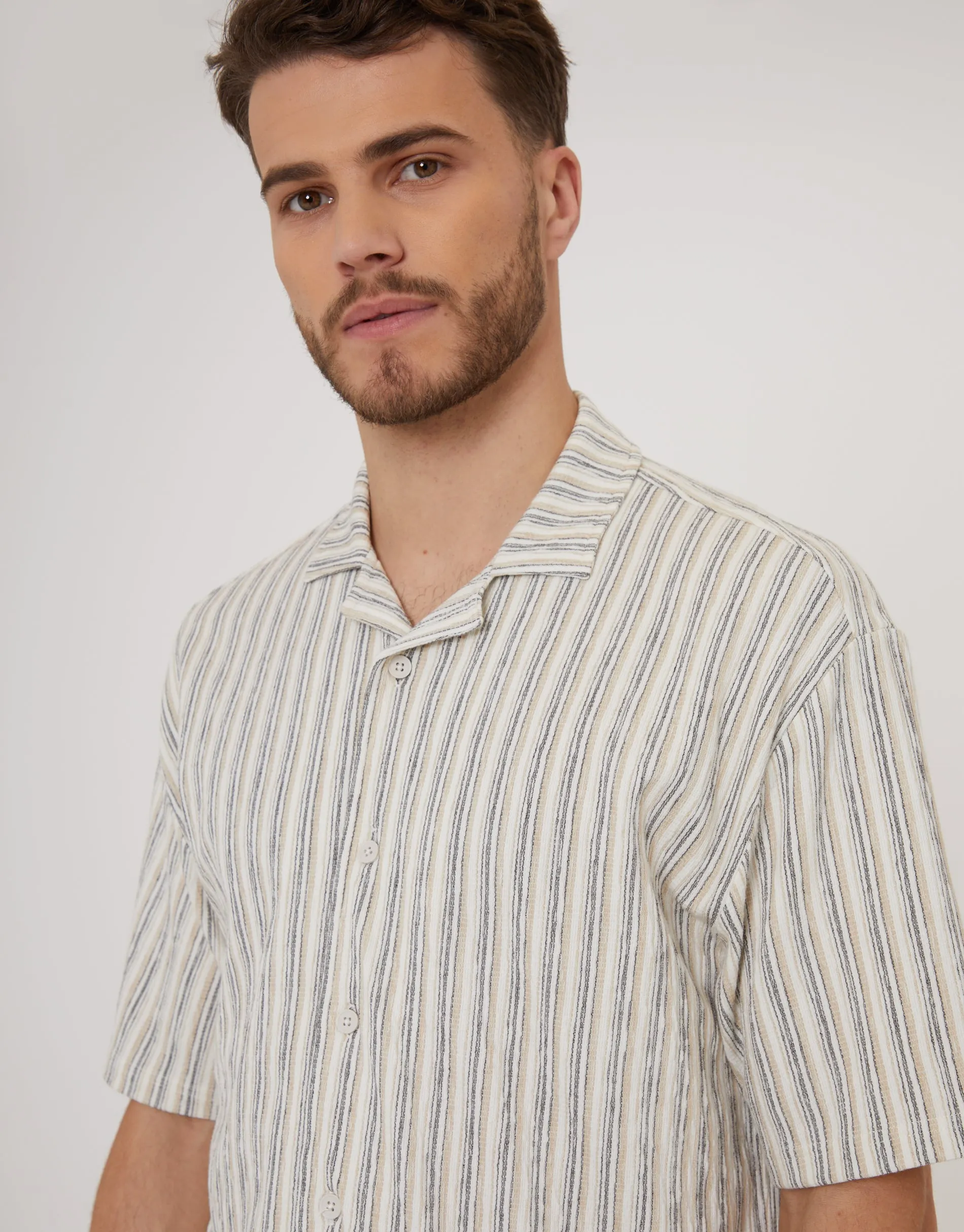 Men's Taupe Stripe Revere Collar Short Sleeve Shirt sold by Threadbare product image thumbnail 4