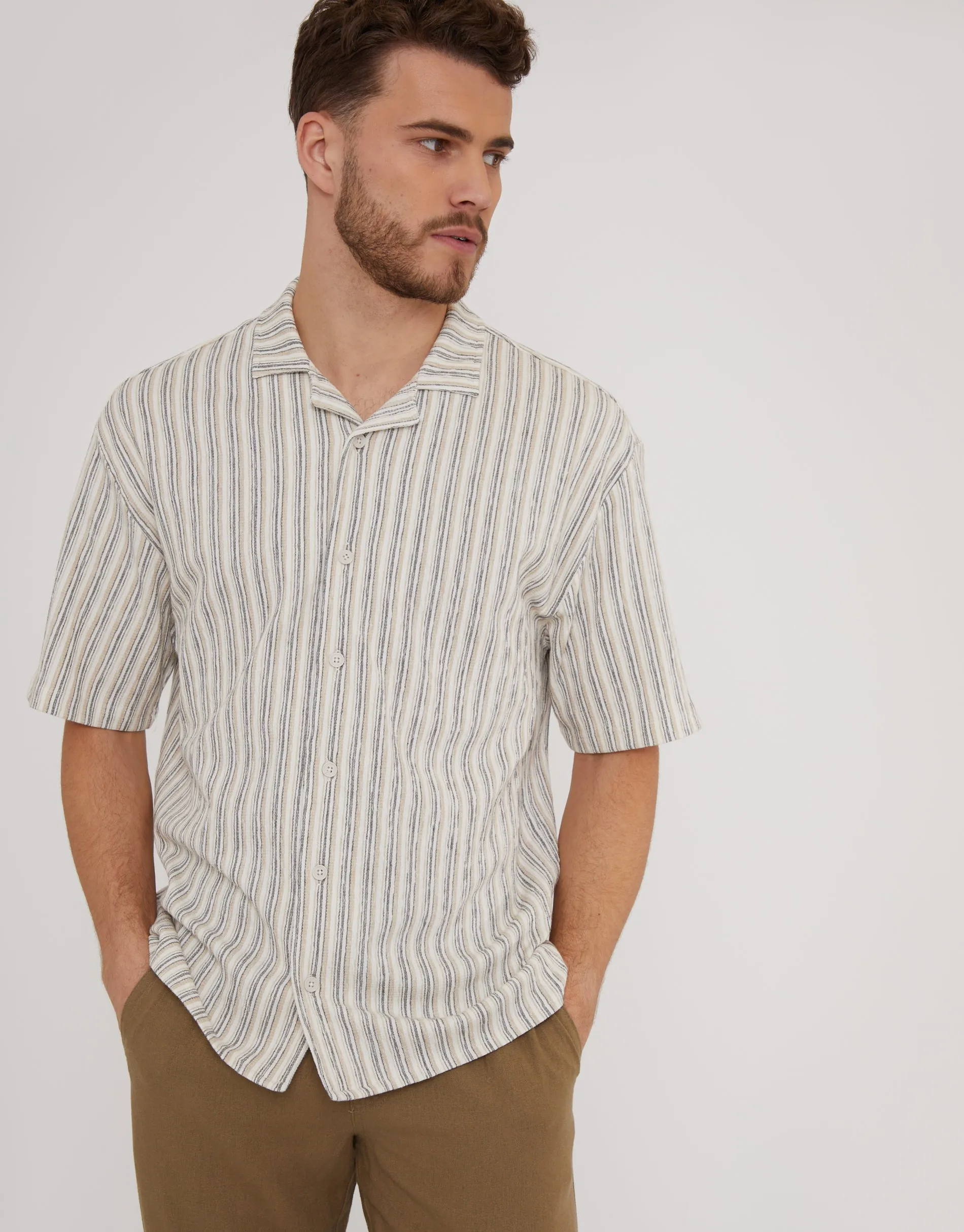 Men's Taupe Stripe Revere Collar Short Sleeve Shirt sold by Threadbare