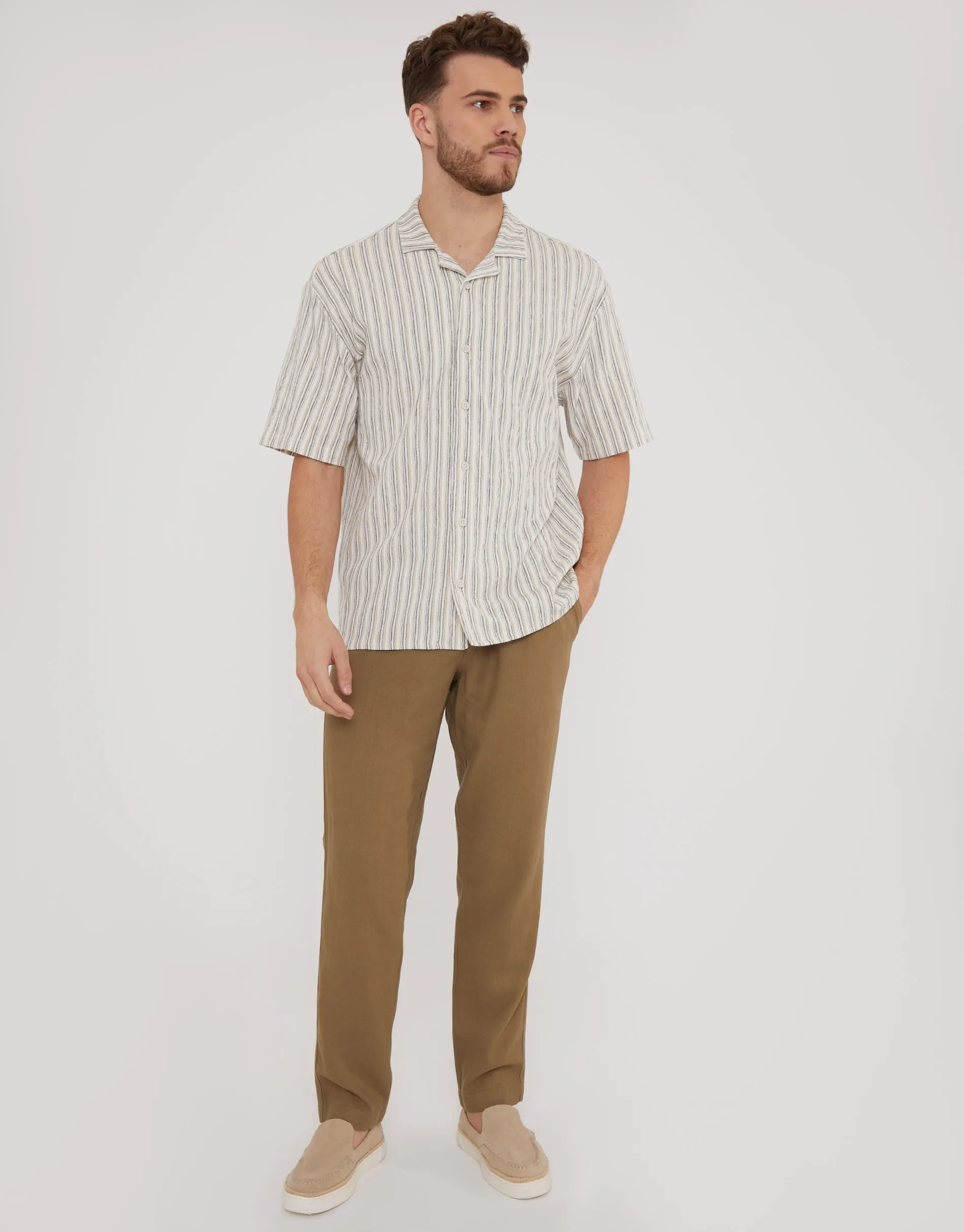 Men's Taupe Stripe Revere Collar Short Sleeve Shirt sold by Threadbare product image thumbnail 3