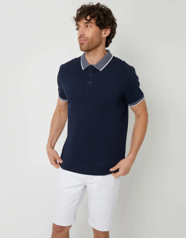 Threadbare Men's Navy Contrast Pattern Collar Polo Shirt sold by Threadbare