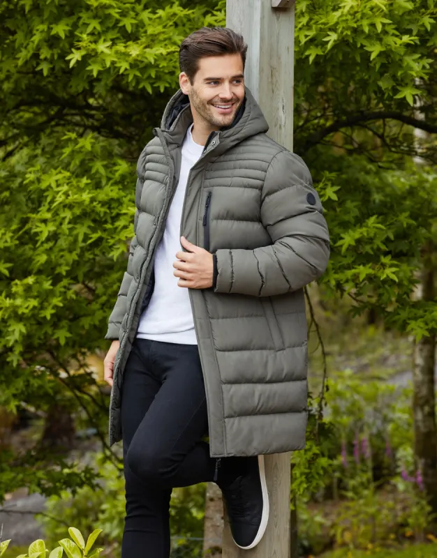 Men's Khaki Hooded Longline Puffer Jacket sold by Threadbare