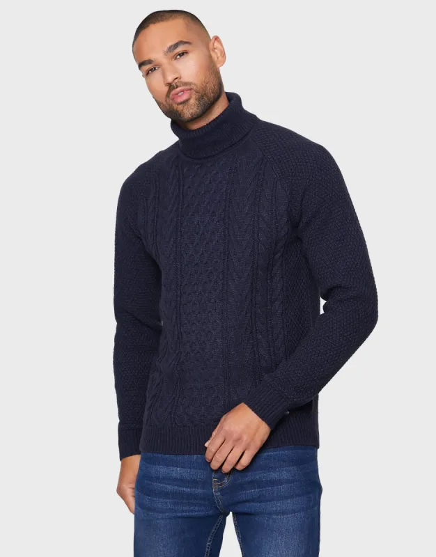 Men's Navy Roll Neck Cable Knit Jumper sold by Threadbare