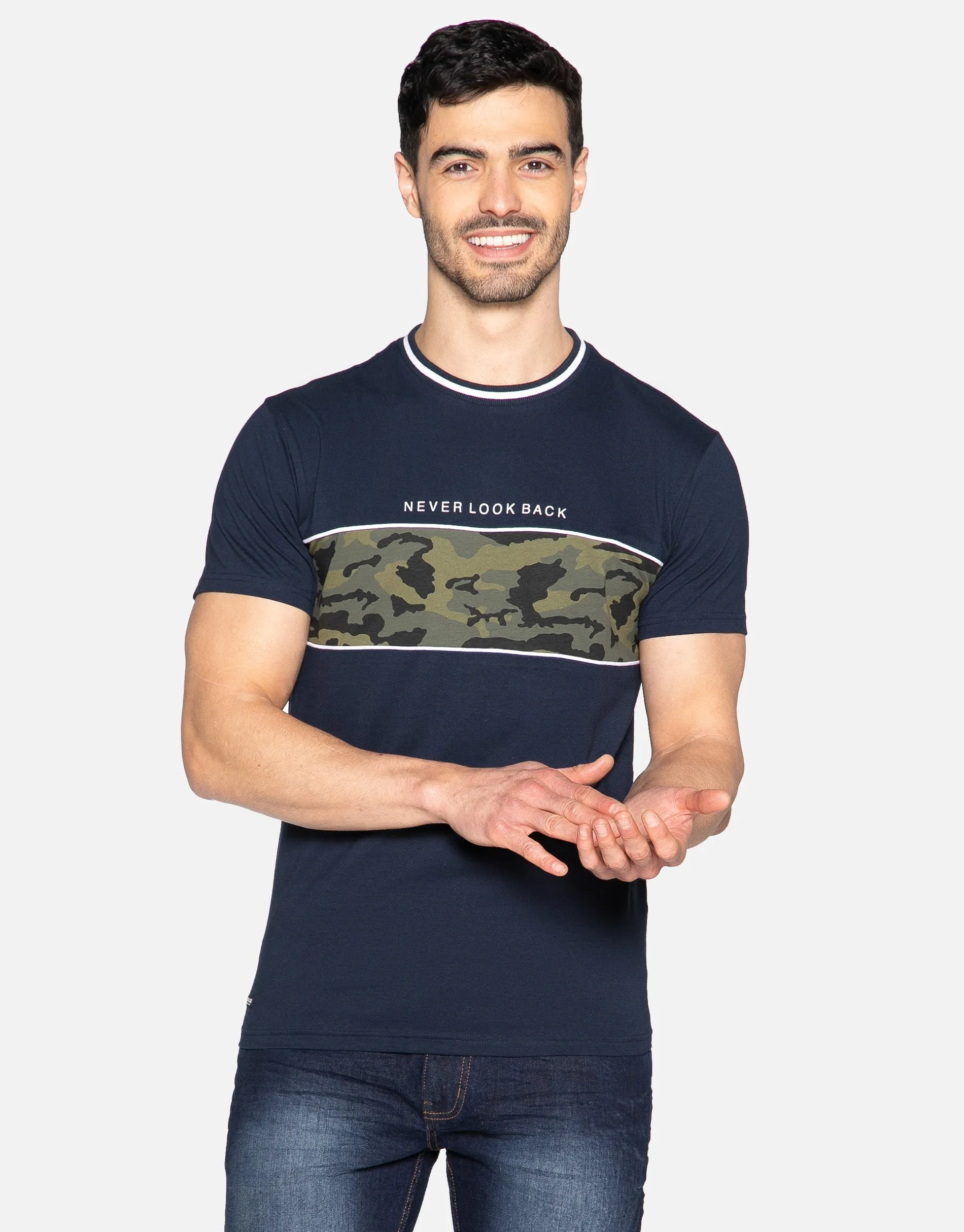 Men's Navy Camo Stripe T-Shirt sold by Threadbare