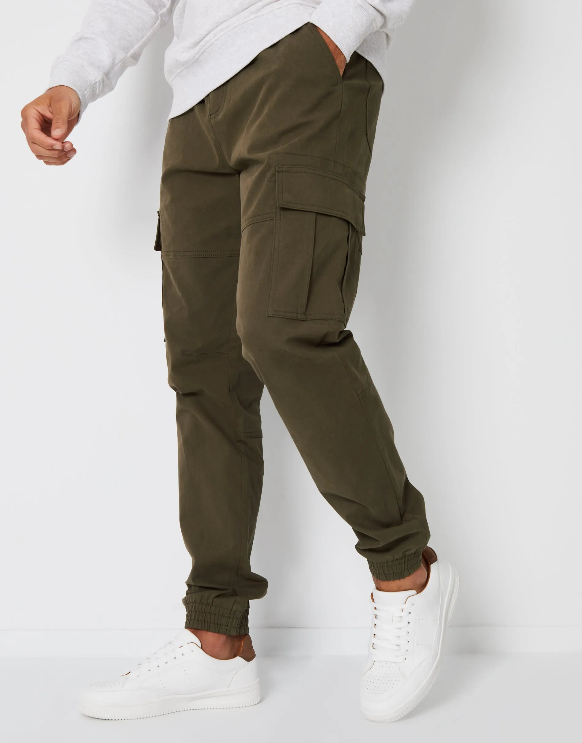 Men's Khaki Jogger Style Cargo Trousers sold by Threadbare