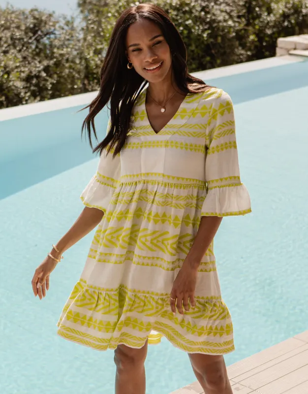 Women's White & Lime Green Embroidered Aztec V Neck Tiered Smock Dress sold by Threadbare