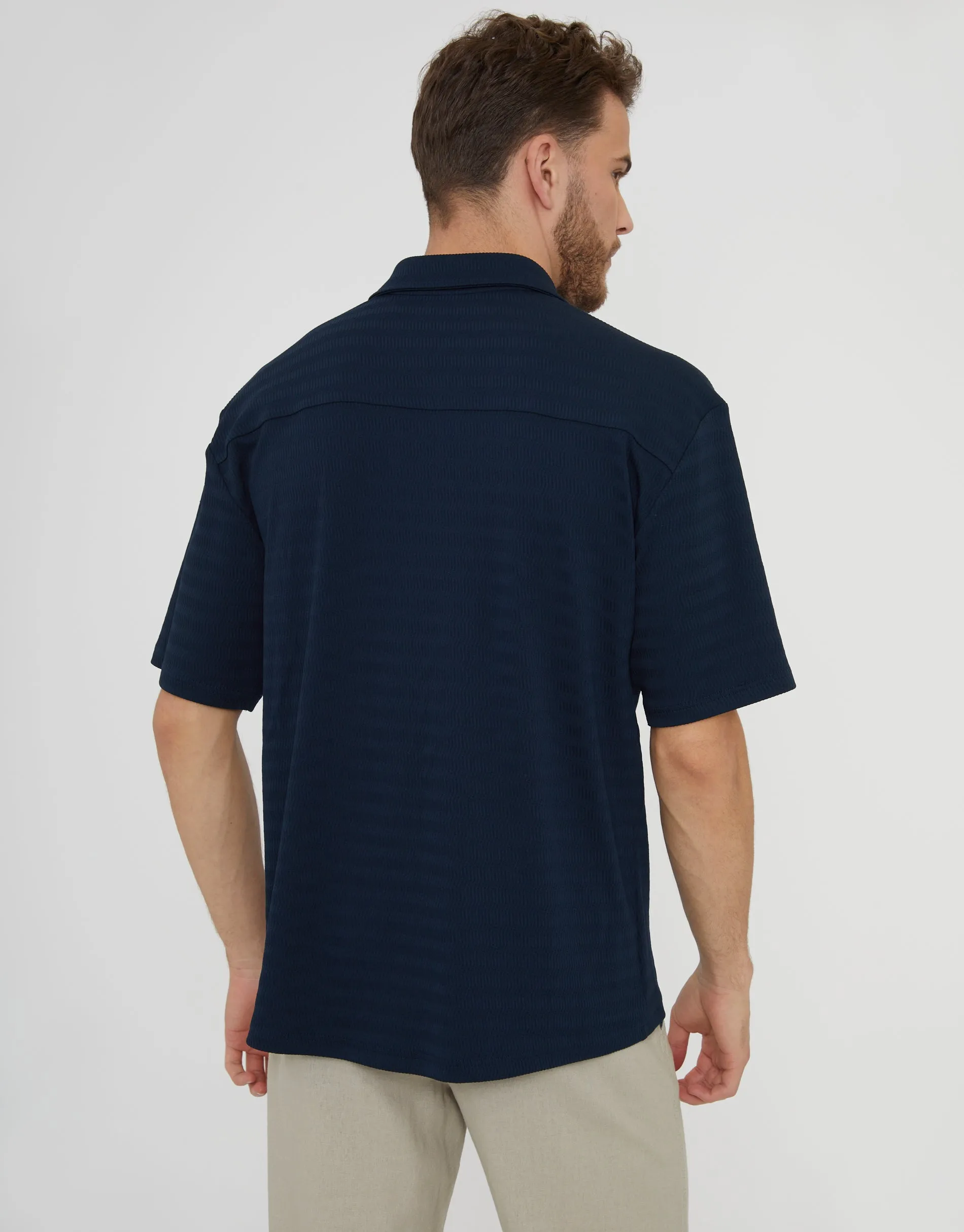 Navy Revere Collar Textured Short Sleeve Shirt sold by Threadbare product image thumbnail 2
