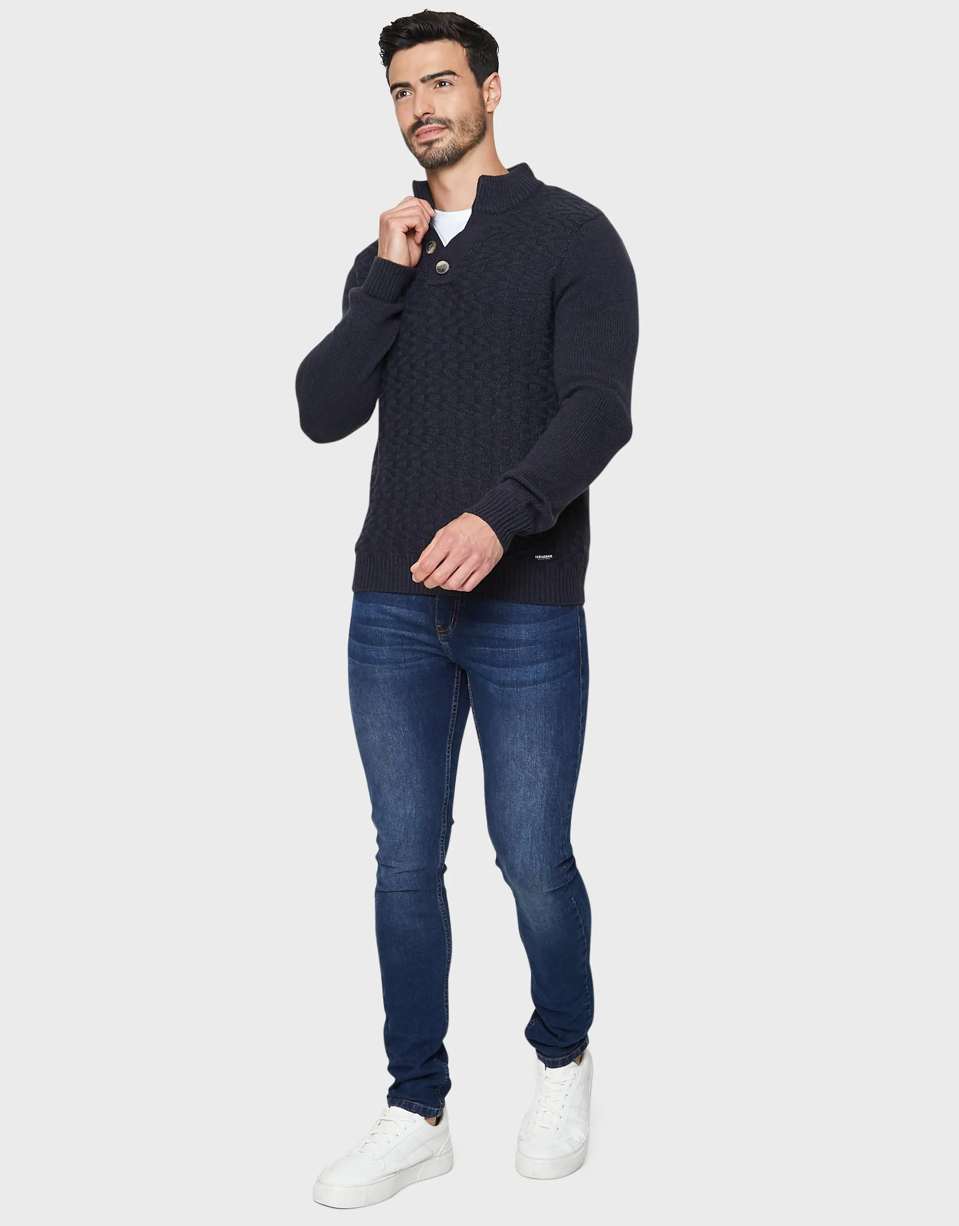 Men's Navy Open Button Turtleneck Jumper sold by Threadbare product image thumbnail 3