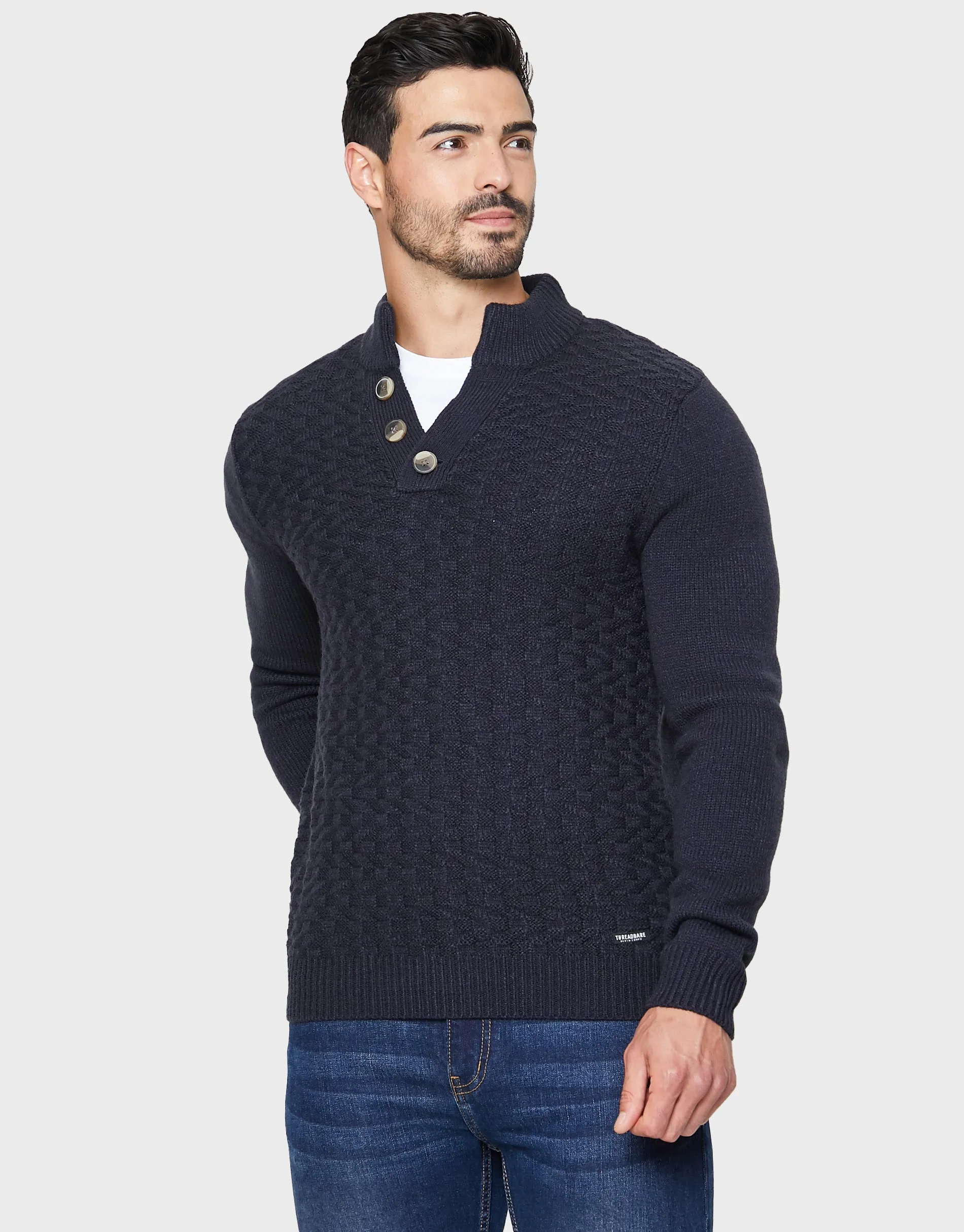 Men's Navy Open Button Turtleneck Jumper sold by Threadbare