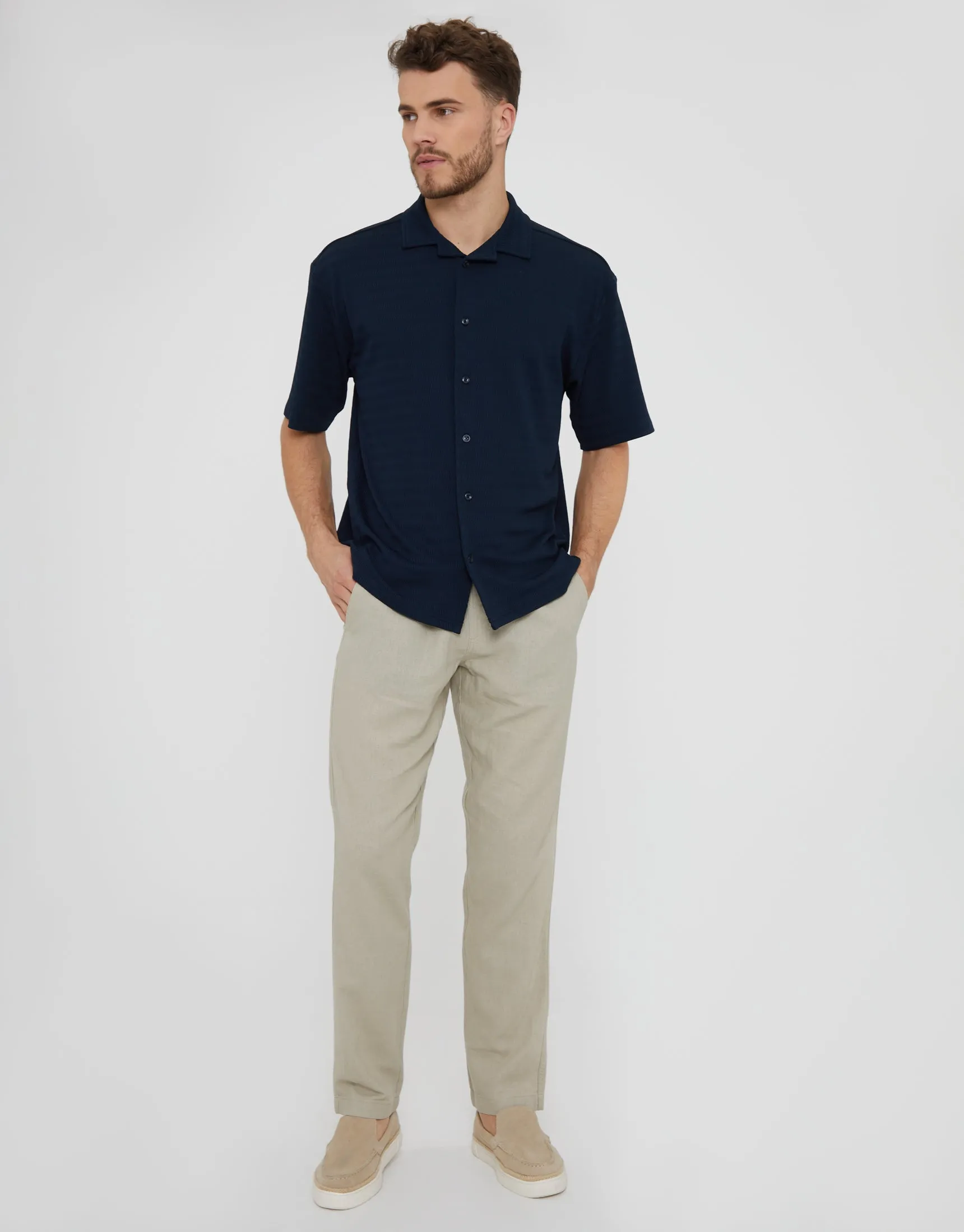 Navy Revere Collar Textured Short Sleeve Shirt sold by Threadbare product image thumbnail 3