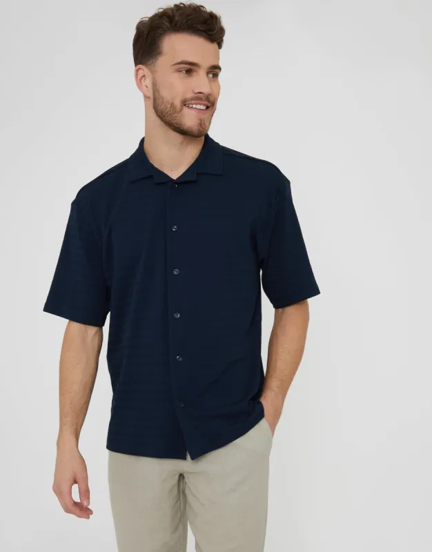 Navy Revere Collar Textured Short Sleeve Shirt sold by Threadbare