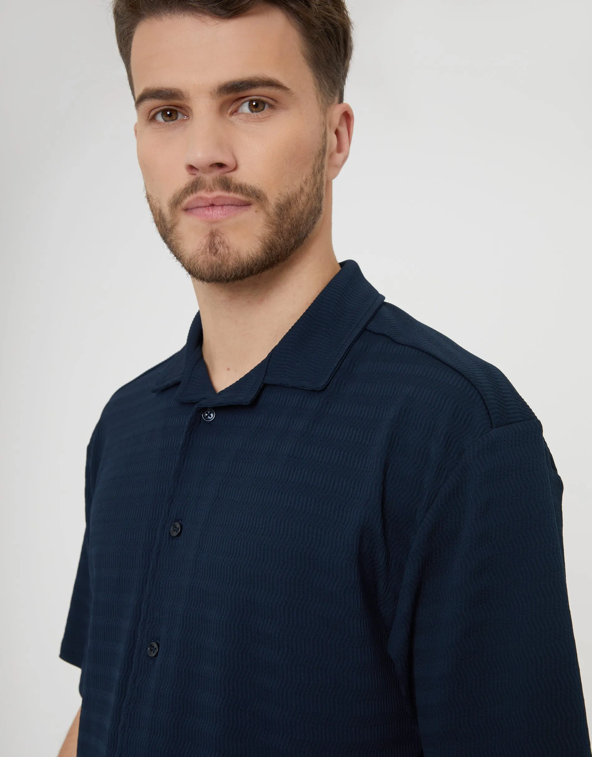 Navy Revere Collar Textured Short Sleeve Shirt sold by Threadbare product image thumbnail 4