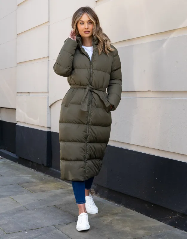 Women's Khaki Longline Puffer Jacket sold by Threadbare