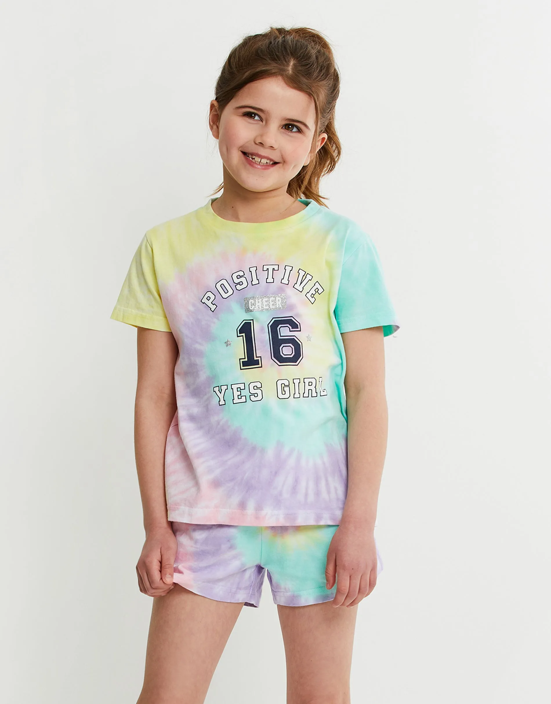 Girls' Pink Tie Dye Short Pyjamas With Scrunchie (3-Piece Set) sold by Threadbare