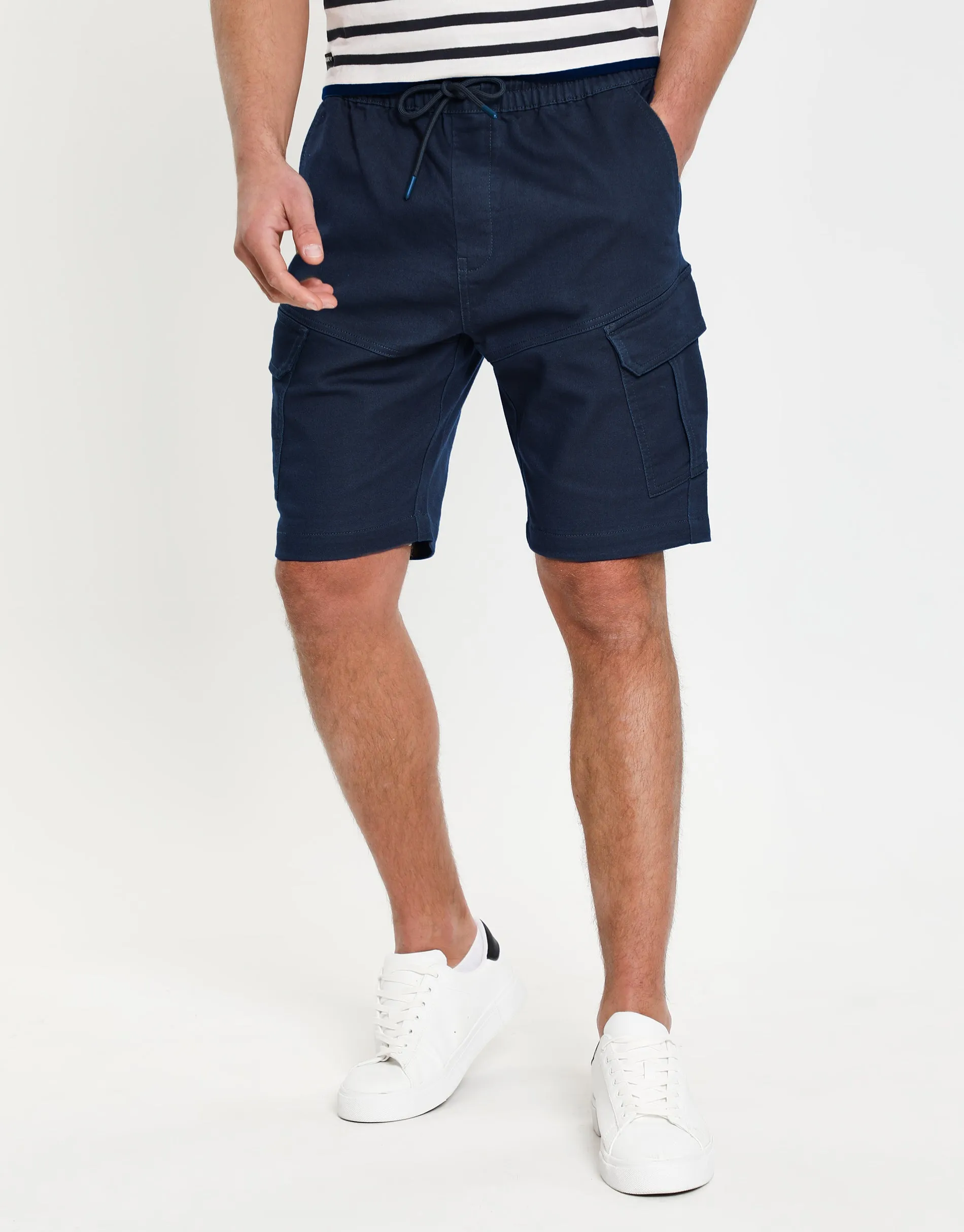 Men's Navy Stretch Cargo Shorts sold by Threadbare