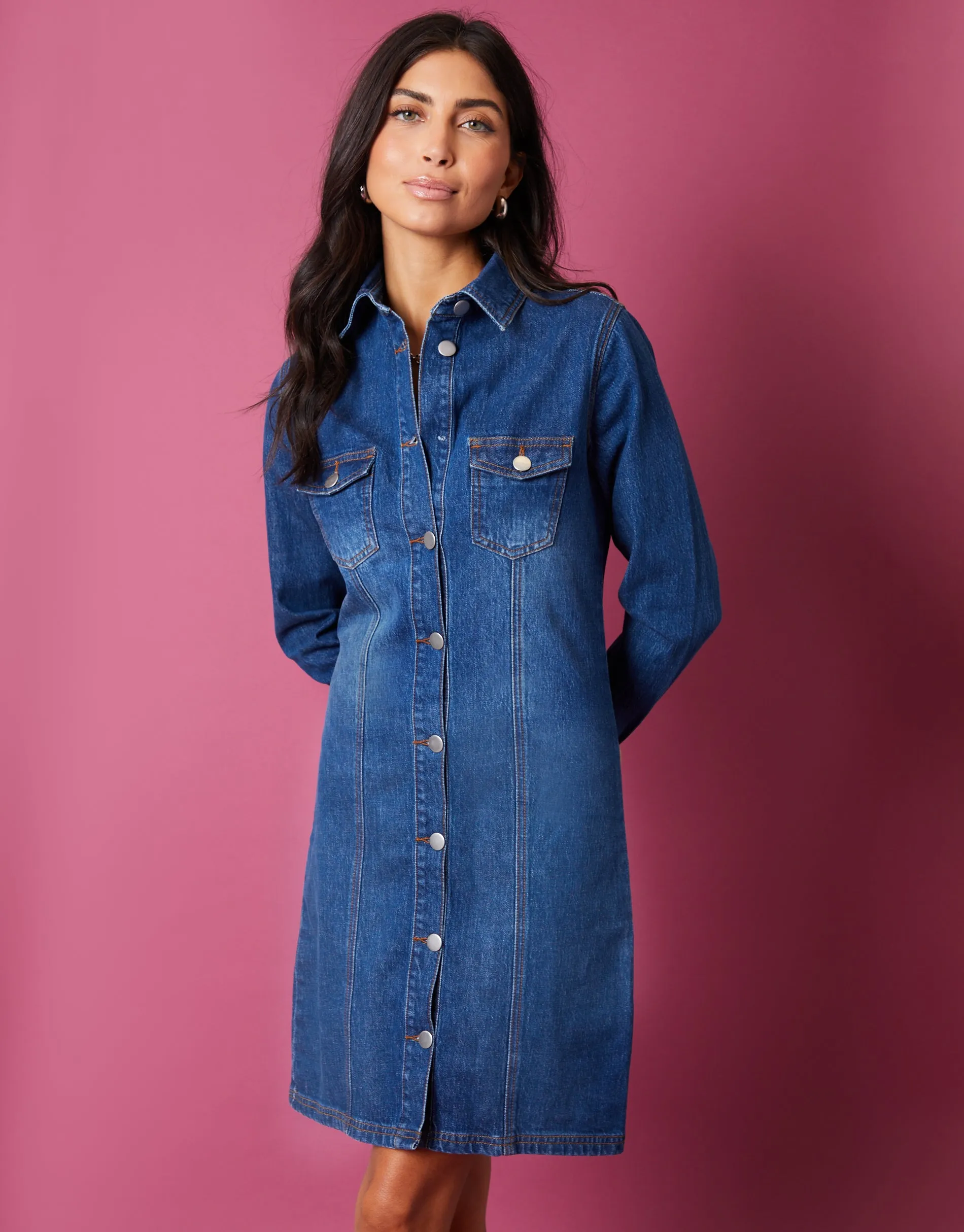 Women's Mid Blue Wash Long Sleeve Denim Mini Dress sold by Threadbare