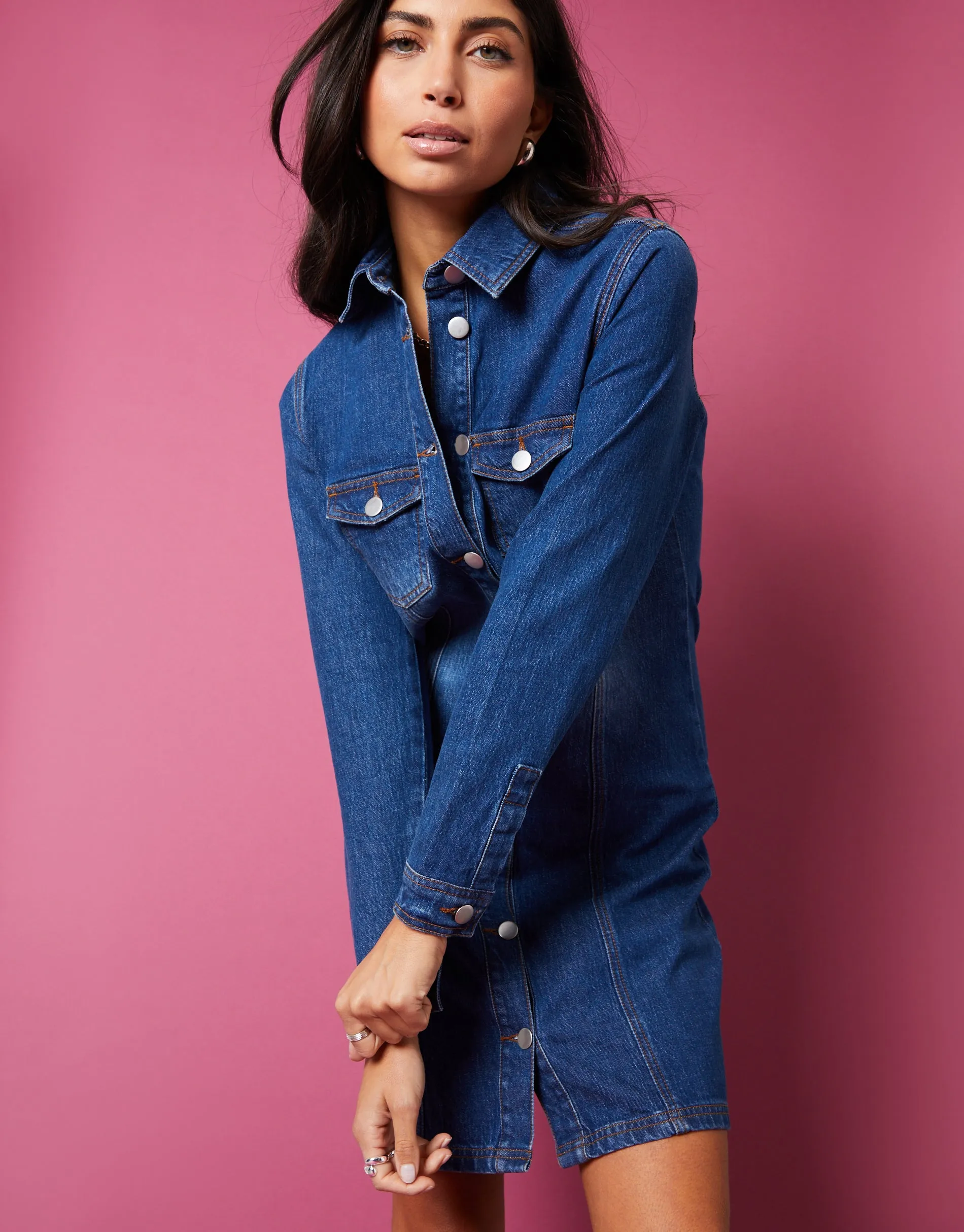 Women's Mid Blue Wash Long Sleeve Denim Mini Dress sold by Threadbare product image thumbnail 4