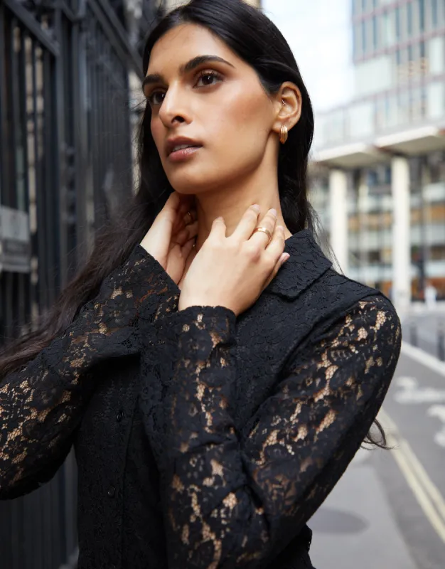 Women's Black Lace Button Down Fitted Blouse made by Threadbare