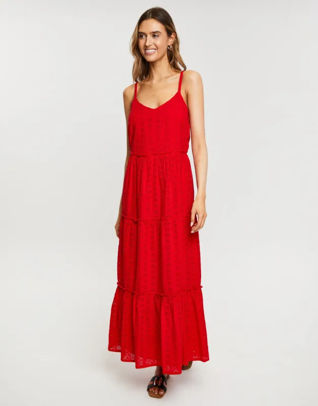 Women's Red Broderie Anglaise Cami Strap Tiered Maxi Dress sold by Threadbare
