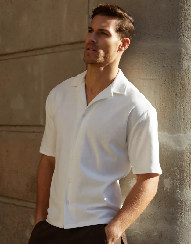 Men's Ecru Revere Collar Textured Short Sleeve Shirt sold by Threadbare