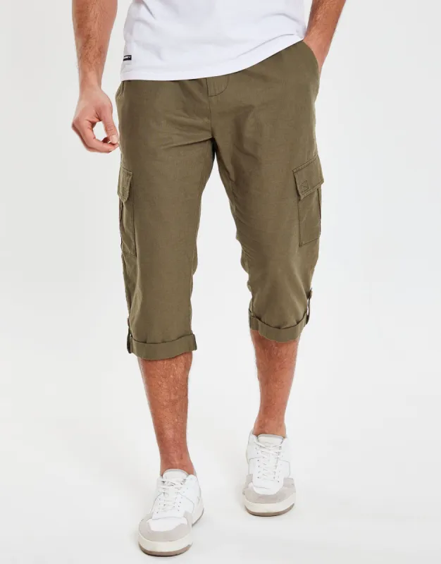 Men's Khaki 3/4 Length Linen Blend Cargo Trousers sold by Threadbare