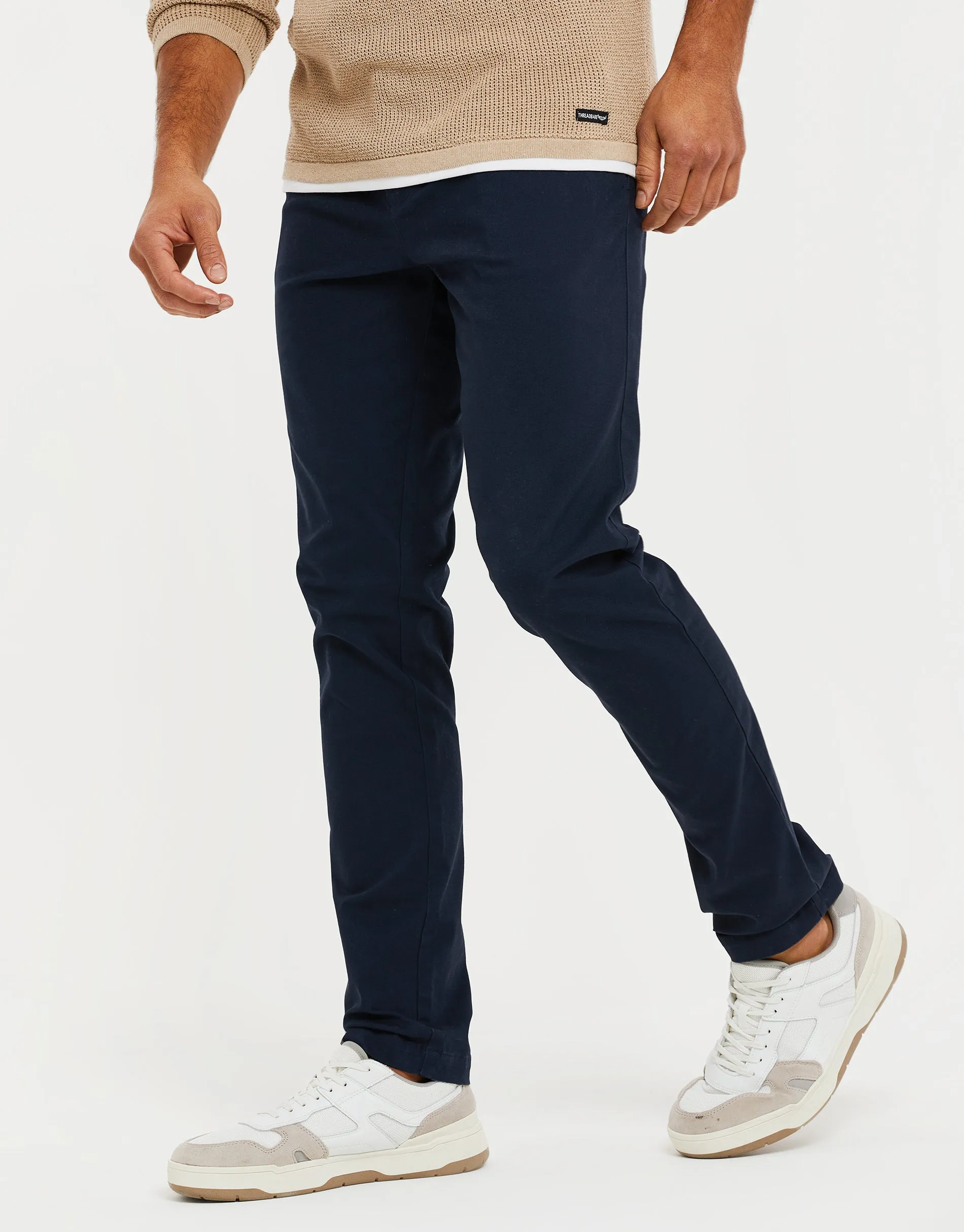 Men's Navy Stretch Chino Trousers sold by Threadbare