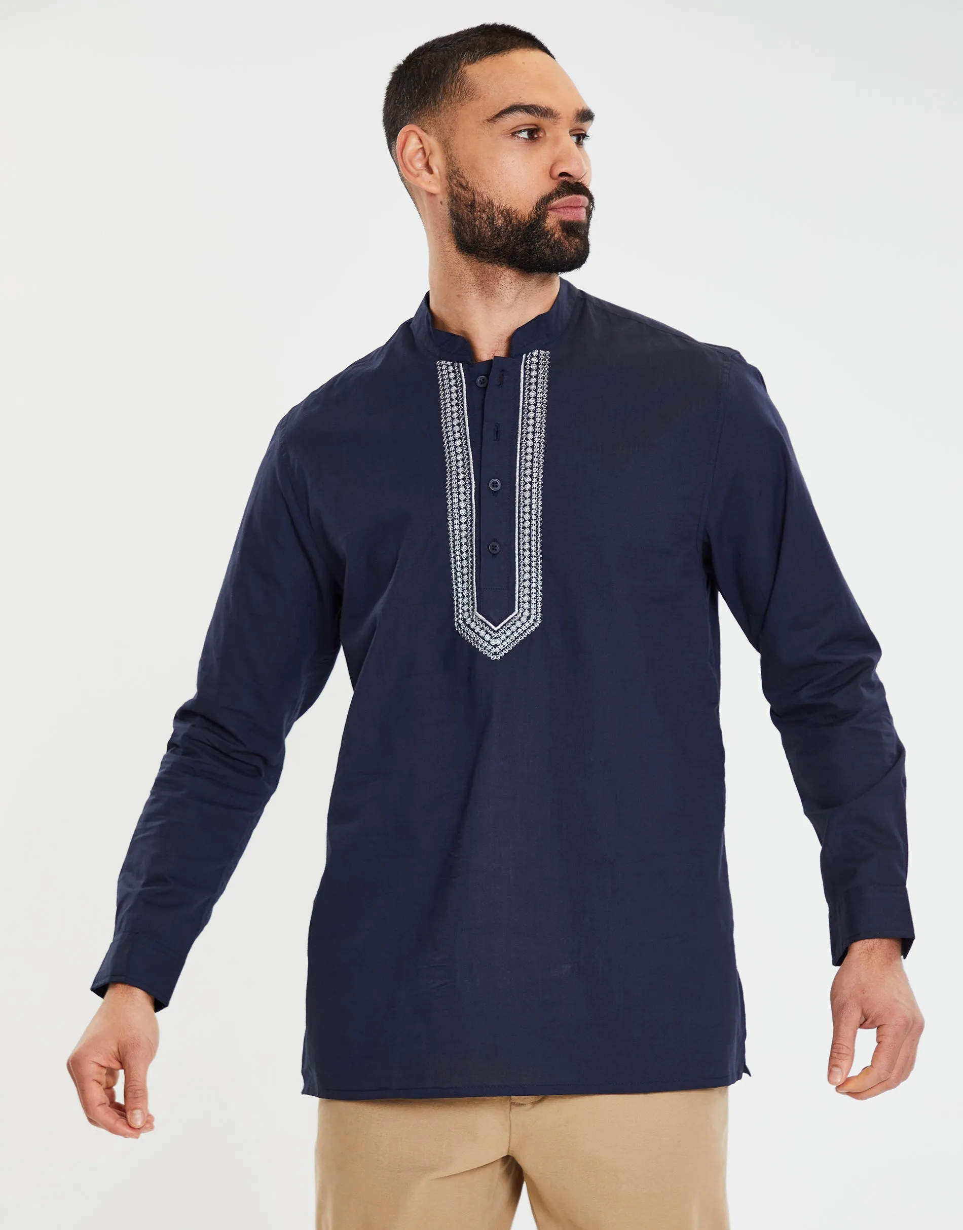 Men's Navy Long Sleeve Tunic Kurta Shirt sold by Threadbare