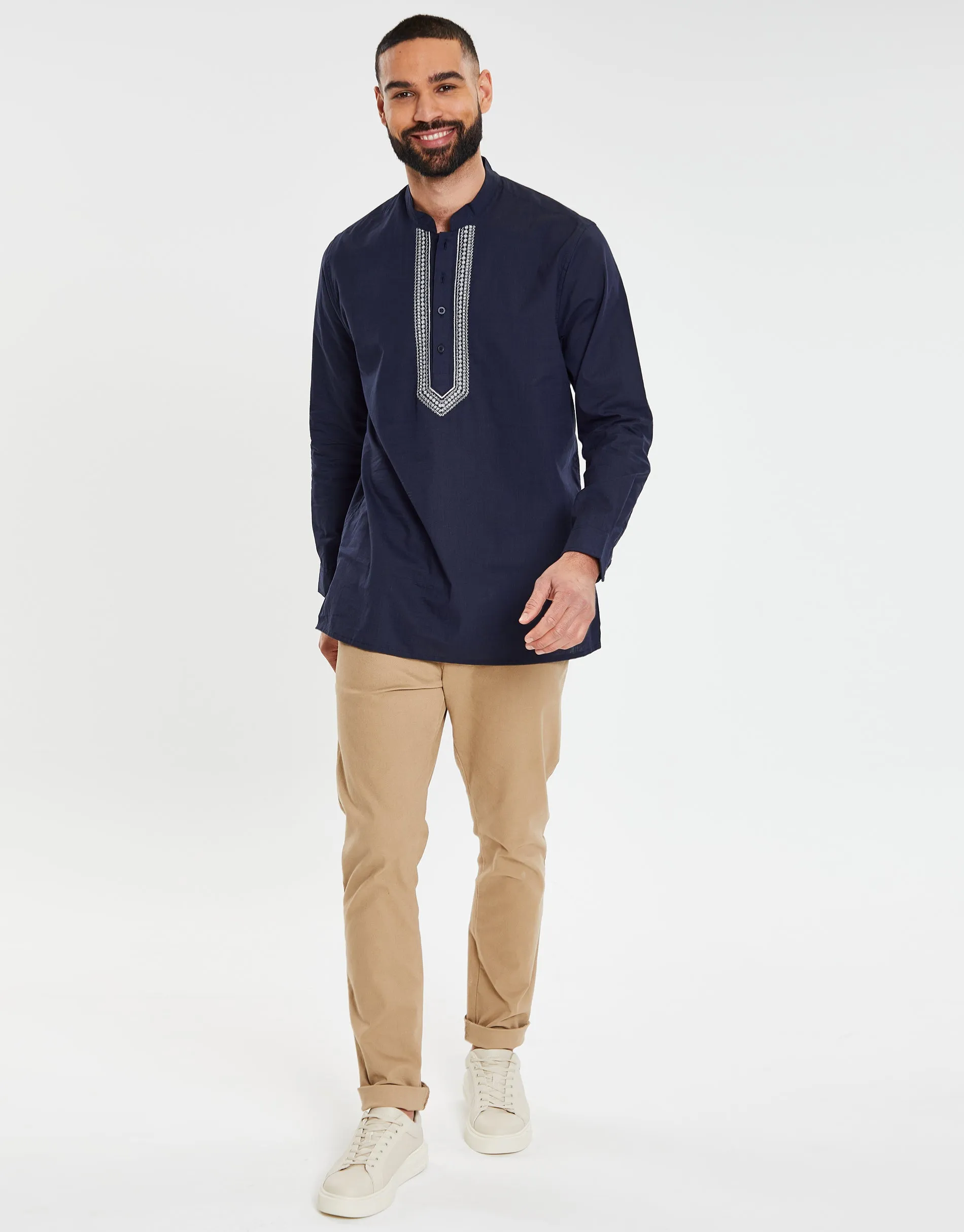 Men's Navy Long Sleeve Tunic Kurta Shirt sold by Threadbare product image thumbnail 3