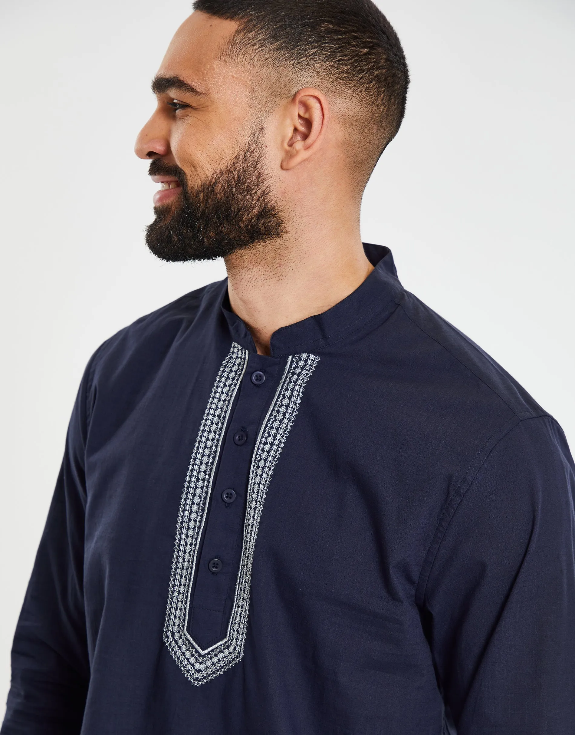 Men's Navy Long Sleeve Tunic Kurta Shirt sold by Threadbare product image thumbnail 4