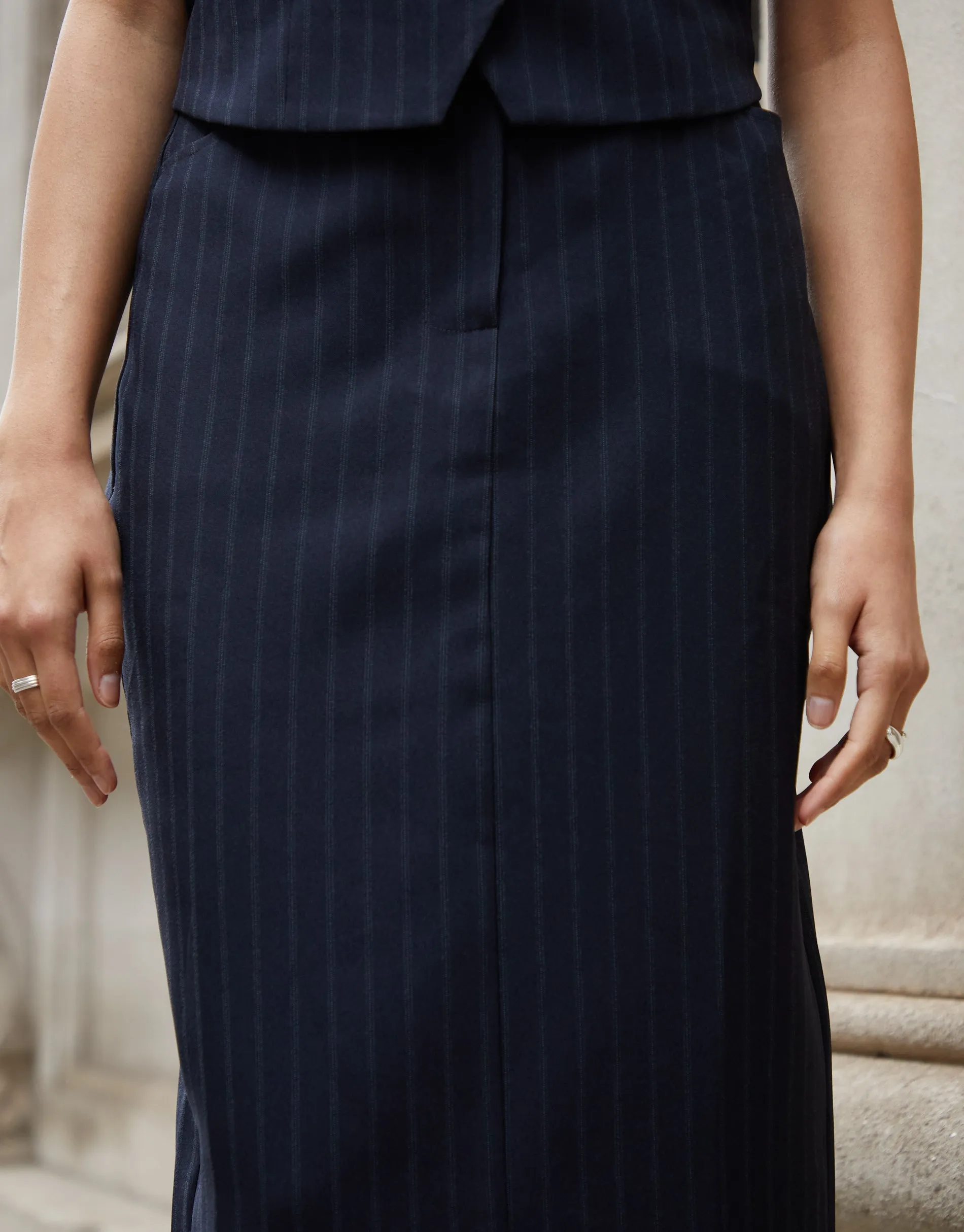 Women's Navy Pinstripe Tailored Midi Skirt sold by Threadbare product image thumbnail 4