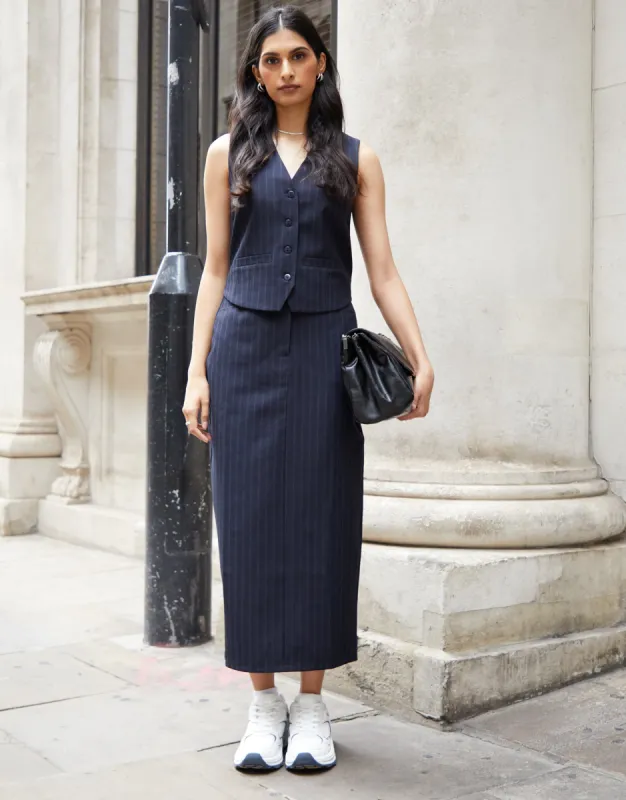 Women's Navy Pinstripe Tailored Midi Skirt sold by Threadbare